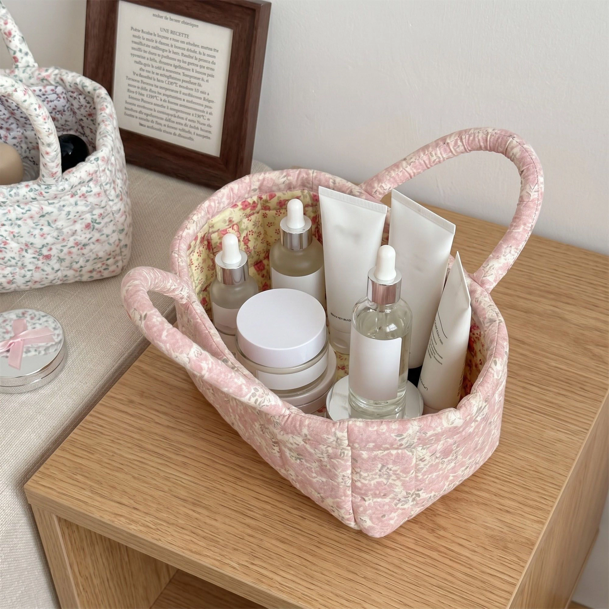Alilang Unisex Quilted Floral Storage Basket with Handles for Home Organization