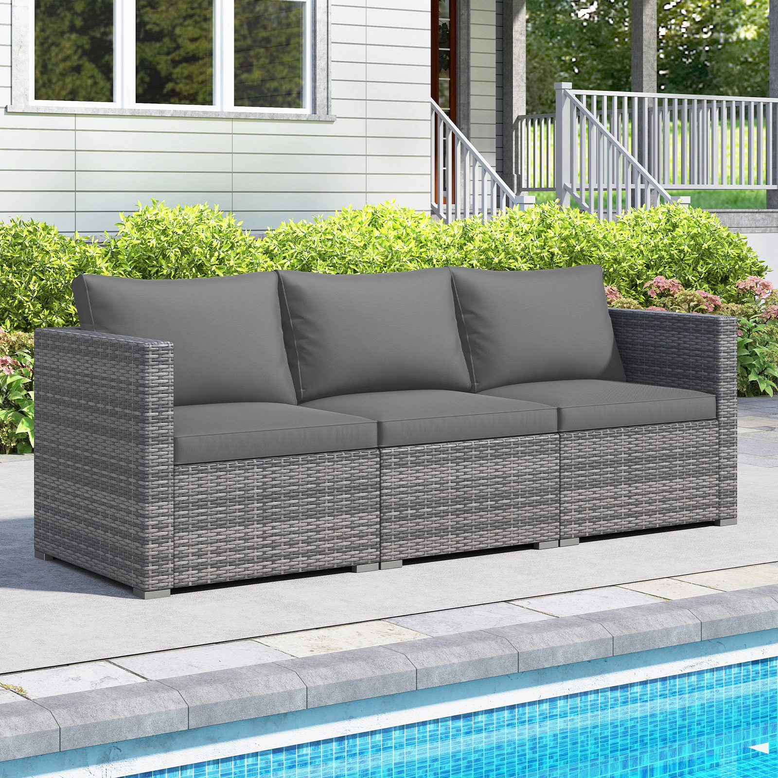 SUGIFT Gray Soft Cushions 3-Piece Patio Sectional Sofa Set PE Rattan Modular Couch
