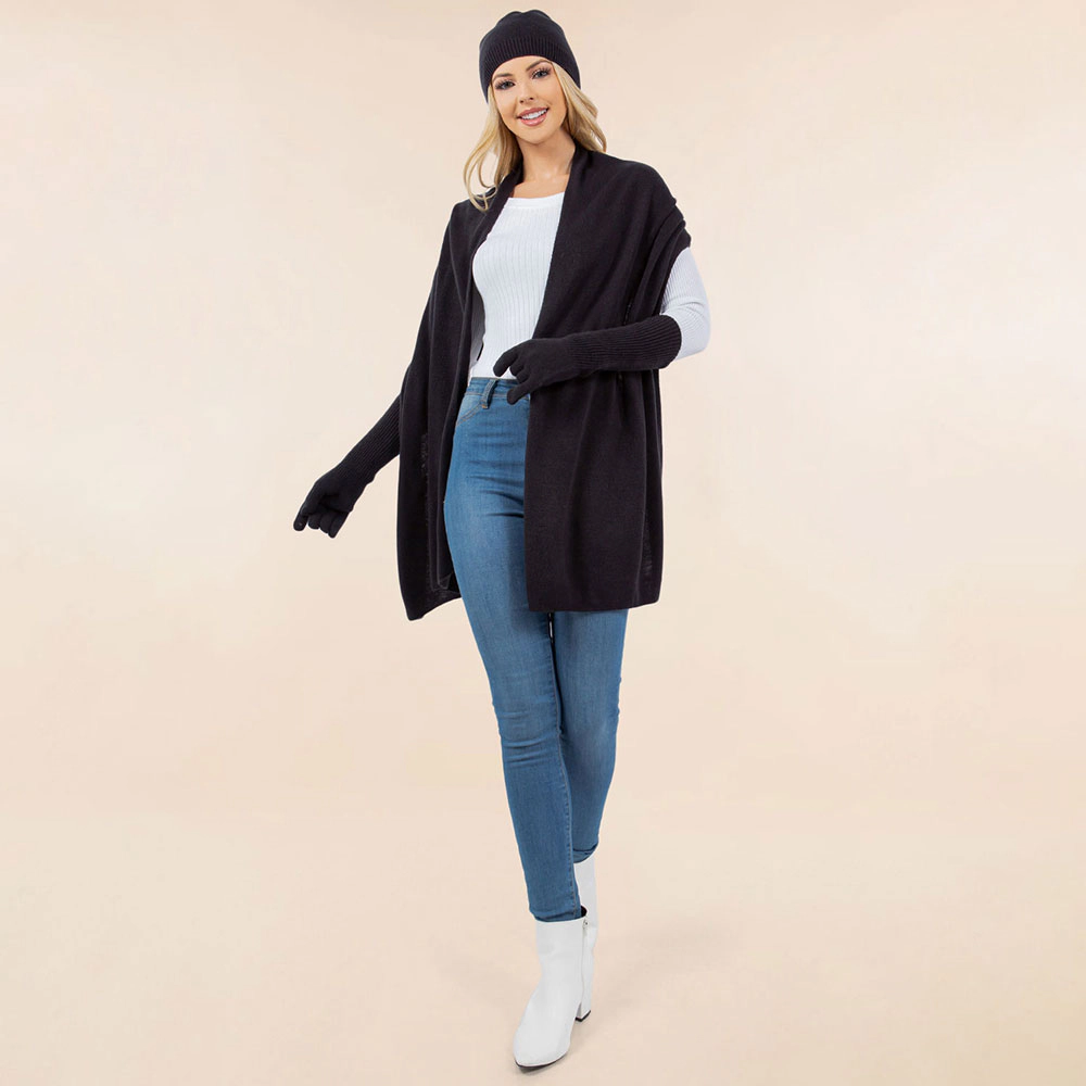 TRUEDAMES 3PCS - Solid Winter Beanie Hat Scarf Gloves Set Black