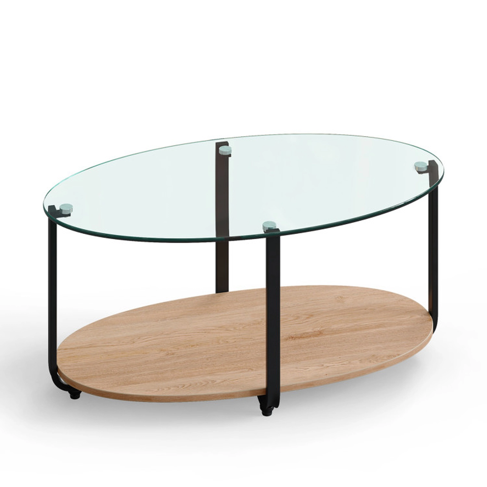 SUGIFT 2-Tier Glass-Top Oval Coffee Table with Wooden Shelf 88-Lb Per Layer Capacity Brown
