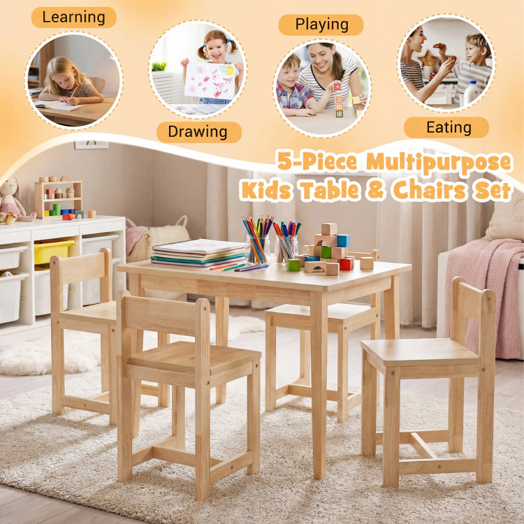 Hivvago 5-Piece Kids Table And Chairs Set Solid Rubber Wood Toddler Activity