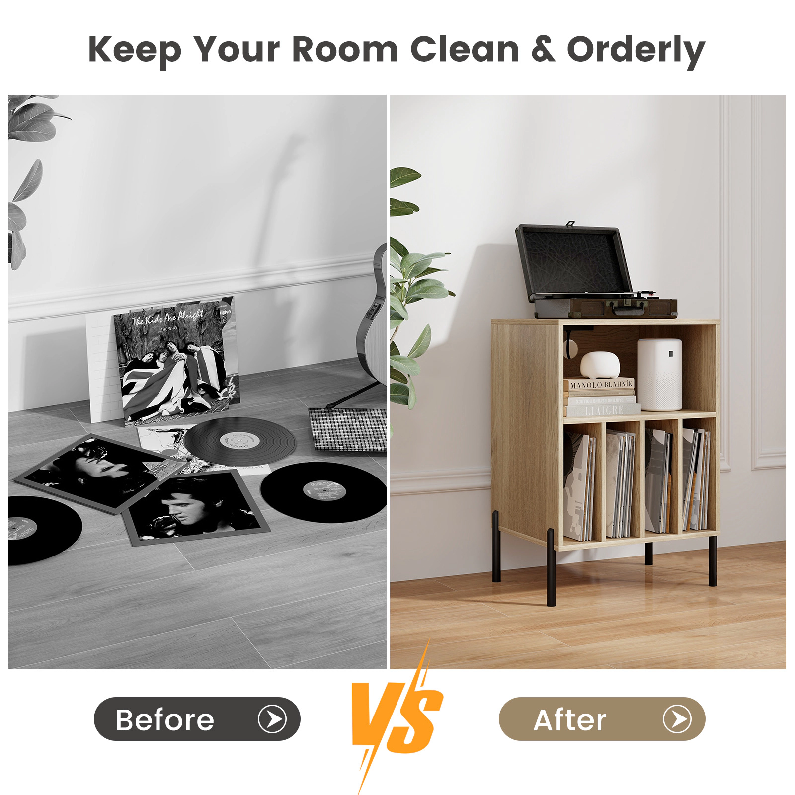 SUGIFT 21-Inch Natural Record Player Stand with Vinyl Storage and Charging Station