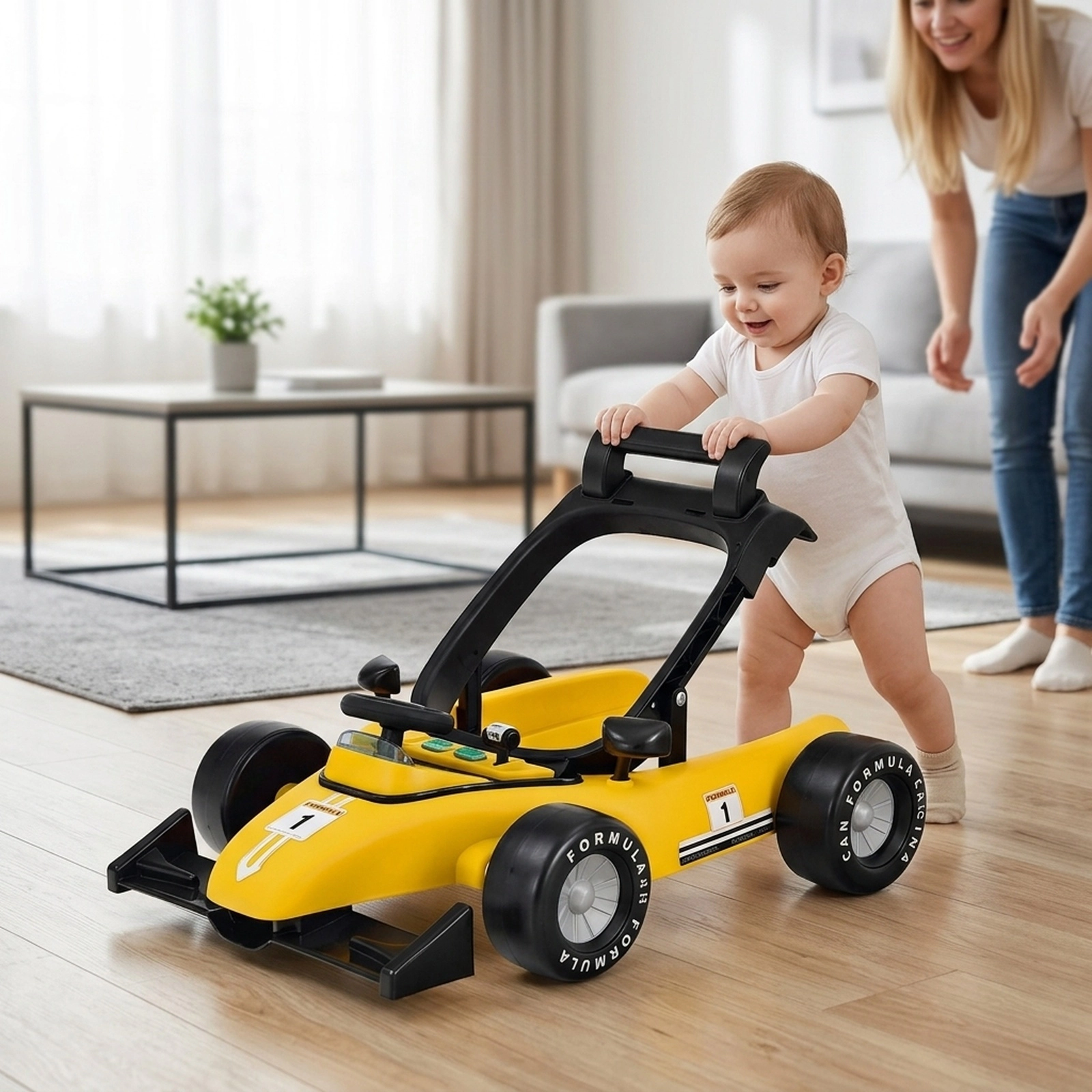 4-in-1 Foldable Activity Push Walker with Steering Wheel Shifter 2 Rearview Mirrors Music and Lights in Yellow