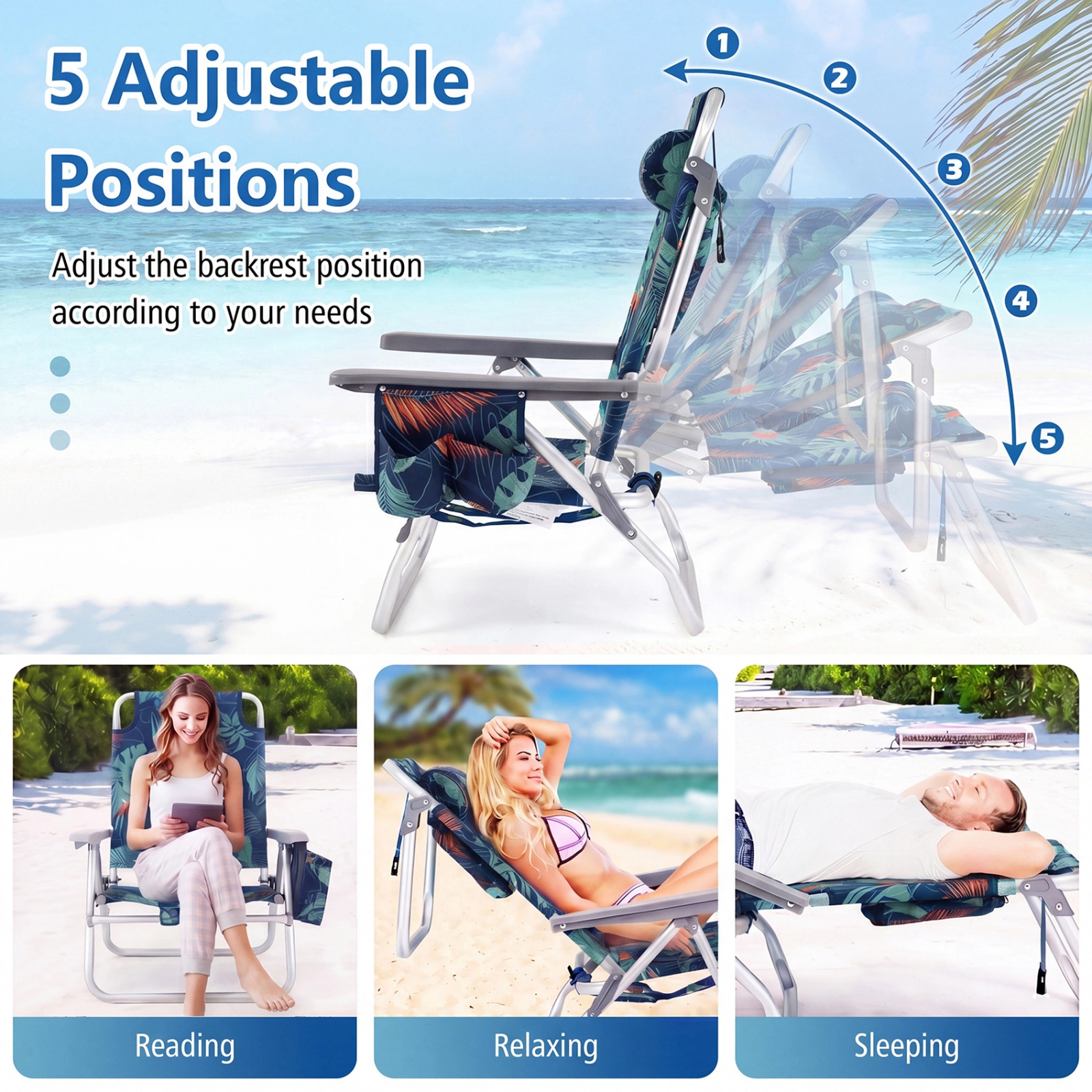 SUGIFT Set of 2 Folding Backpack Beach Chairs with Side Table and 5 Position Backrest