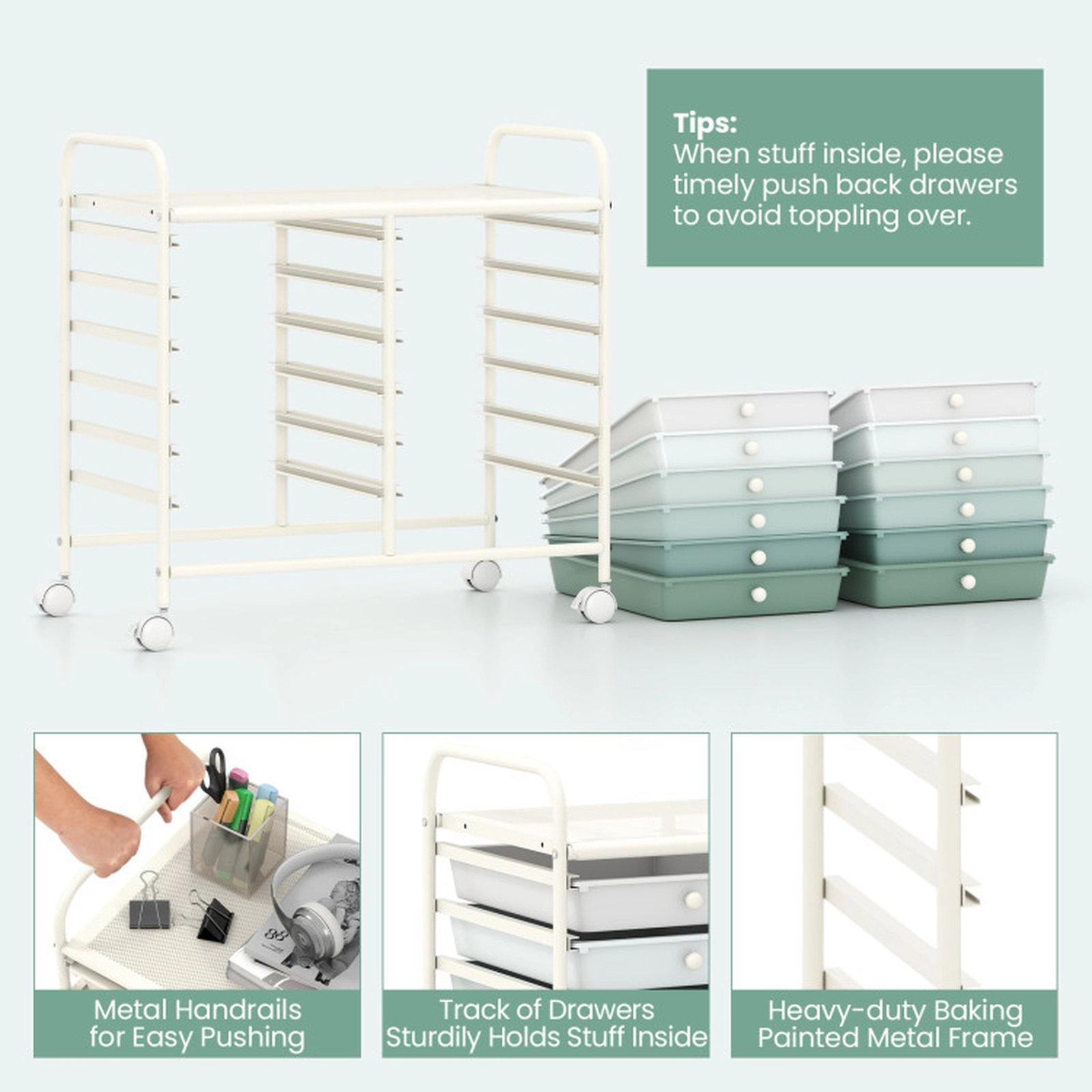 SUGIFT Green Gradient 12-Drawer Rolling Storage Cart Student Study and Craft Station with Locking Casters