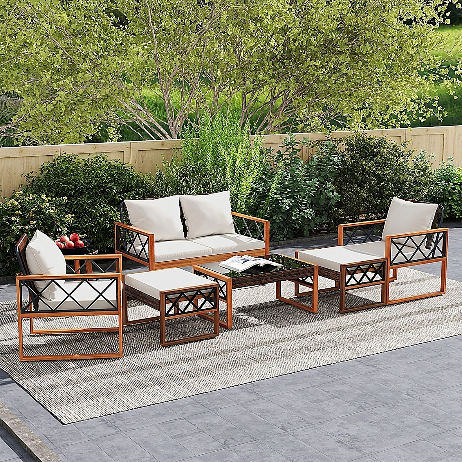 SUGIFT Acacia Wood and 2 Ottomans 7-Piece Off White PE Wicker Patio Conversation Set