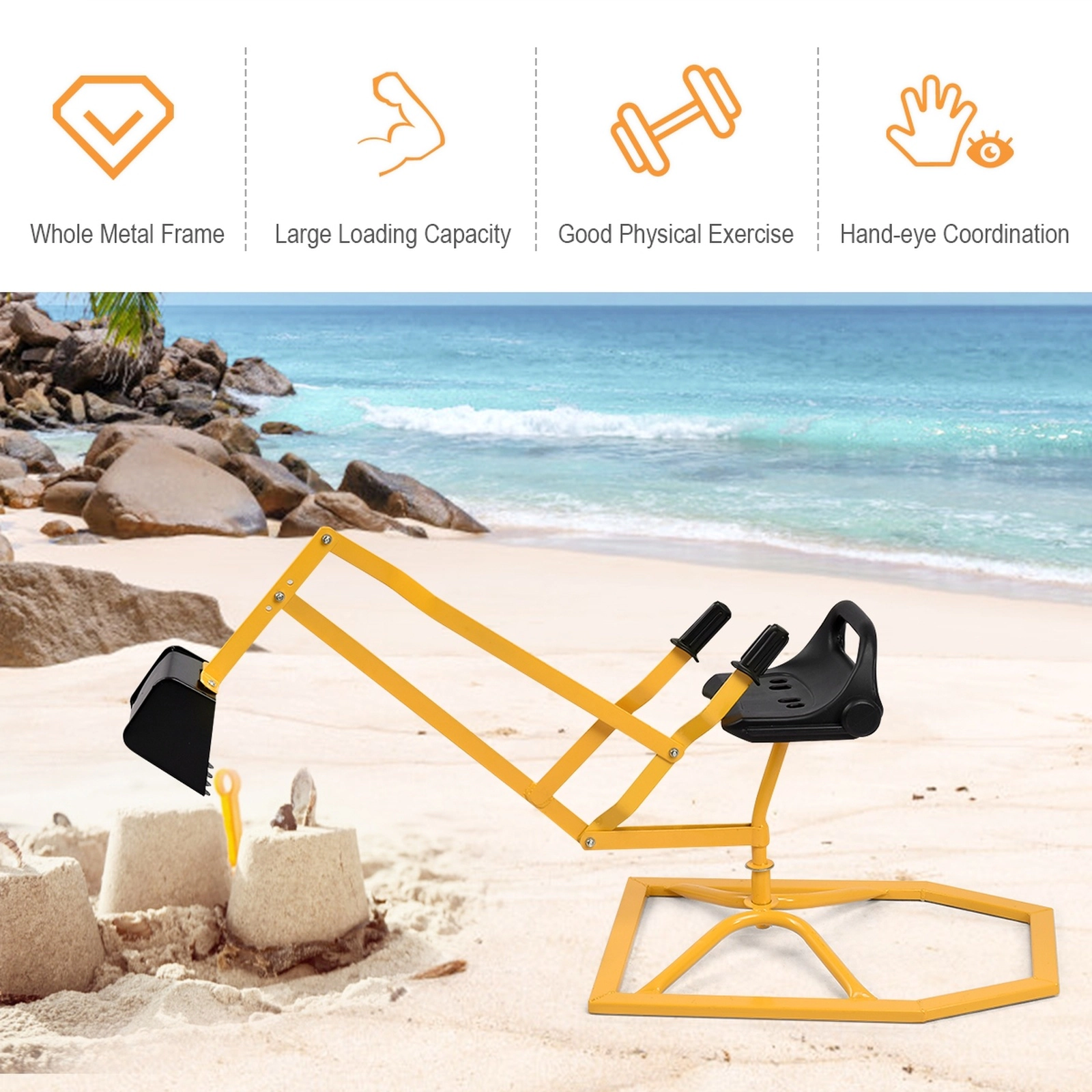 Kids Ride-On Sand Digger Excavator 44-in Steel Sandbox Toy 360-Degree Swivel Seat Rubber Grip Handles 88-lb Ages 4-12