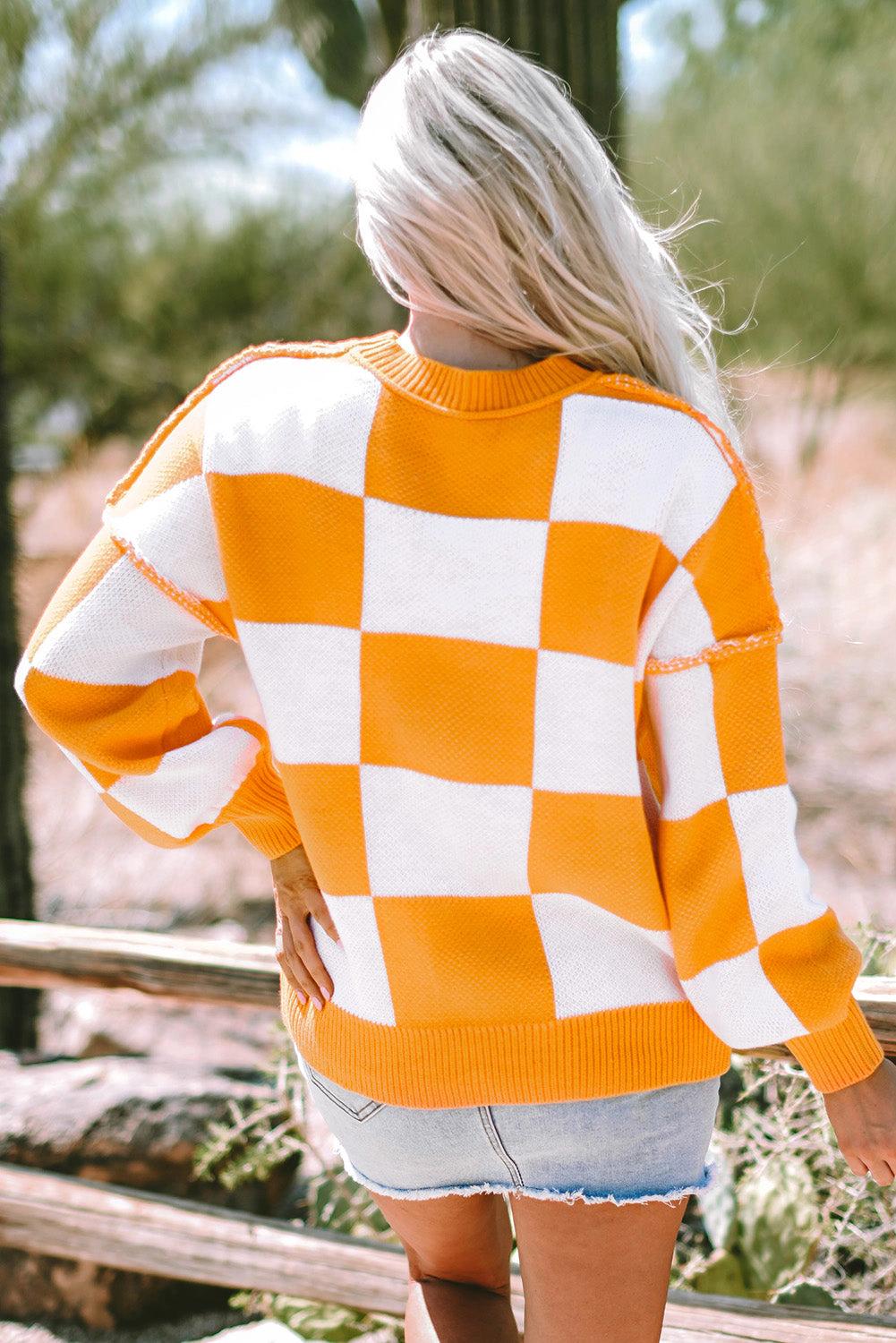 Threaded Pear Women's Ashley Checkered Bishop Sleeve Sweater