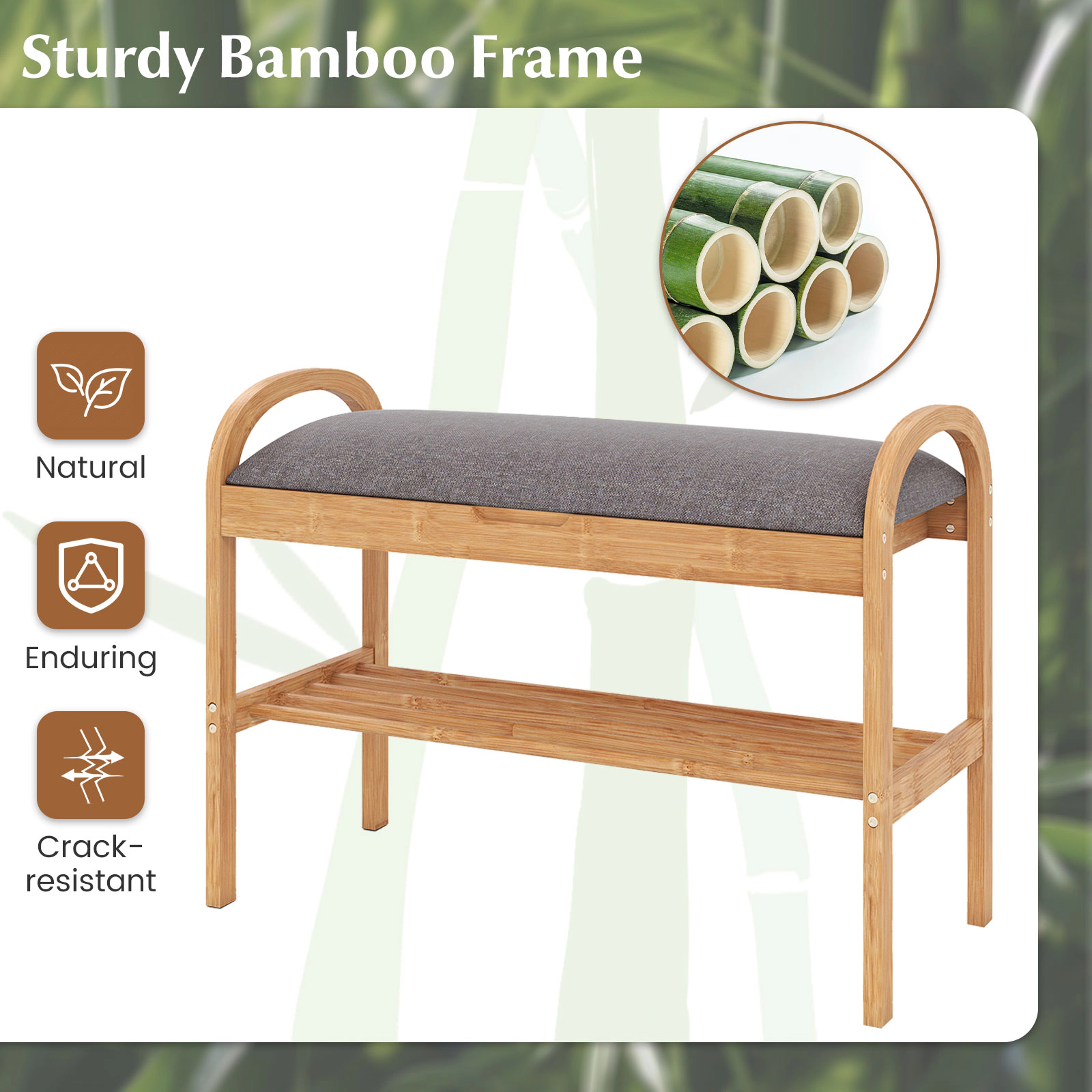 SUGIFT 2-Tier Bamboo Shoe Bench with Hidden Storage Compartment and Padded Cushion 330-lb Capacity Natural & Gray