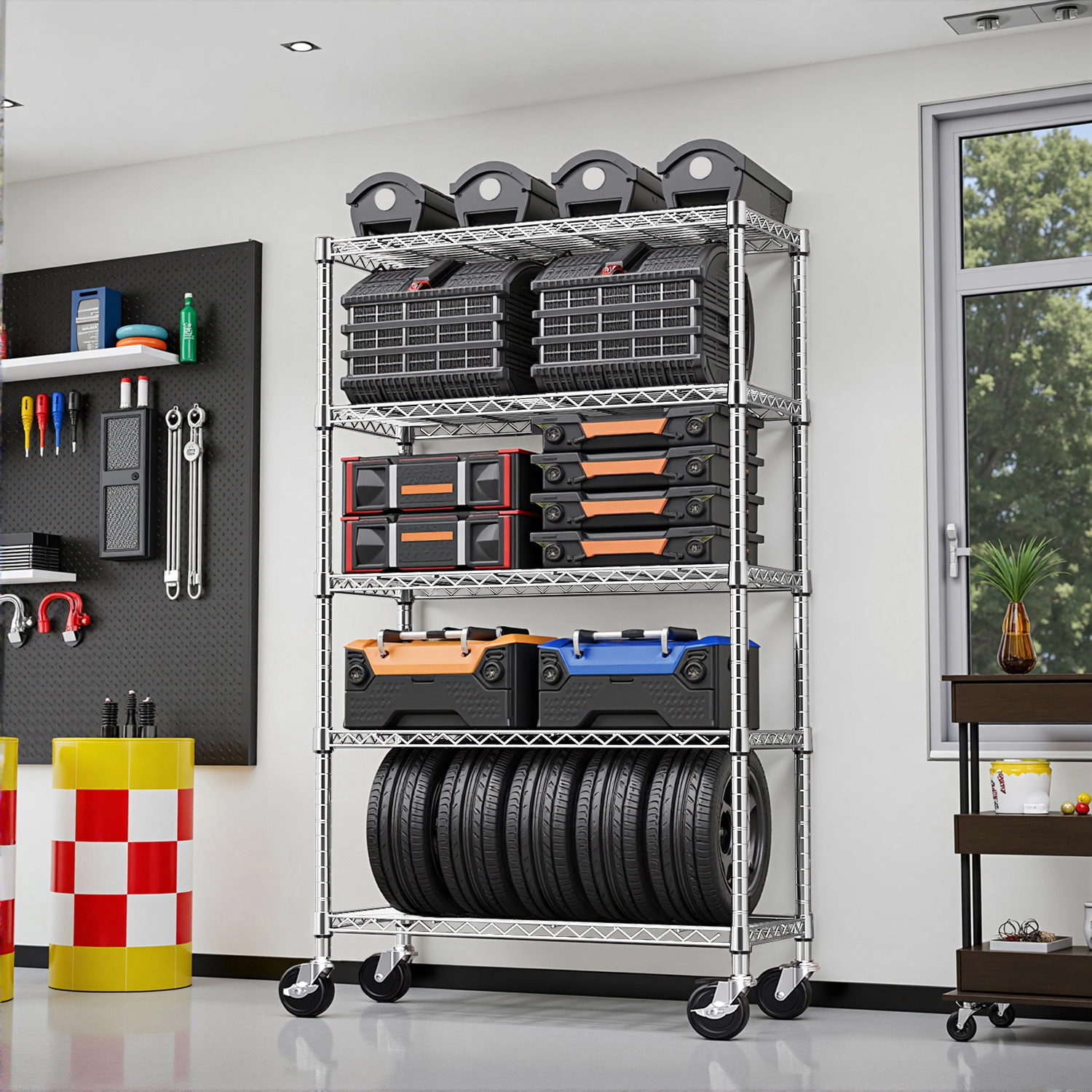 Flynama 5-Tier Chrome Mobile Shelving Unit, 47.2x17.7x76.7in, Adjustable Steel Rack with Wheels for Home and Garage