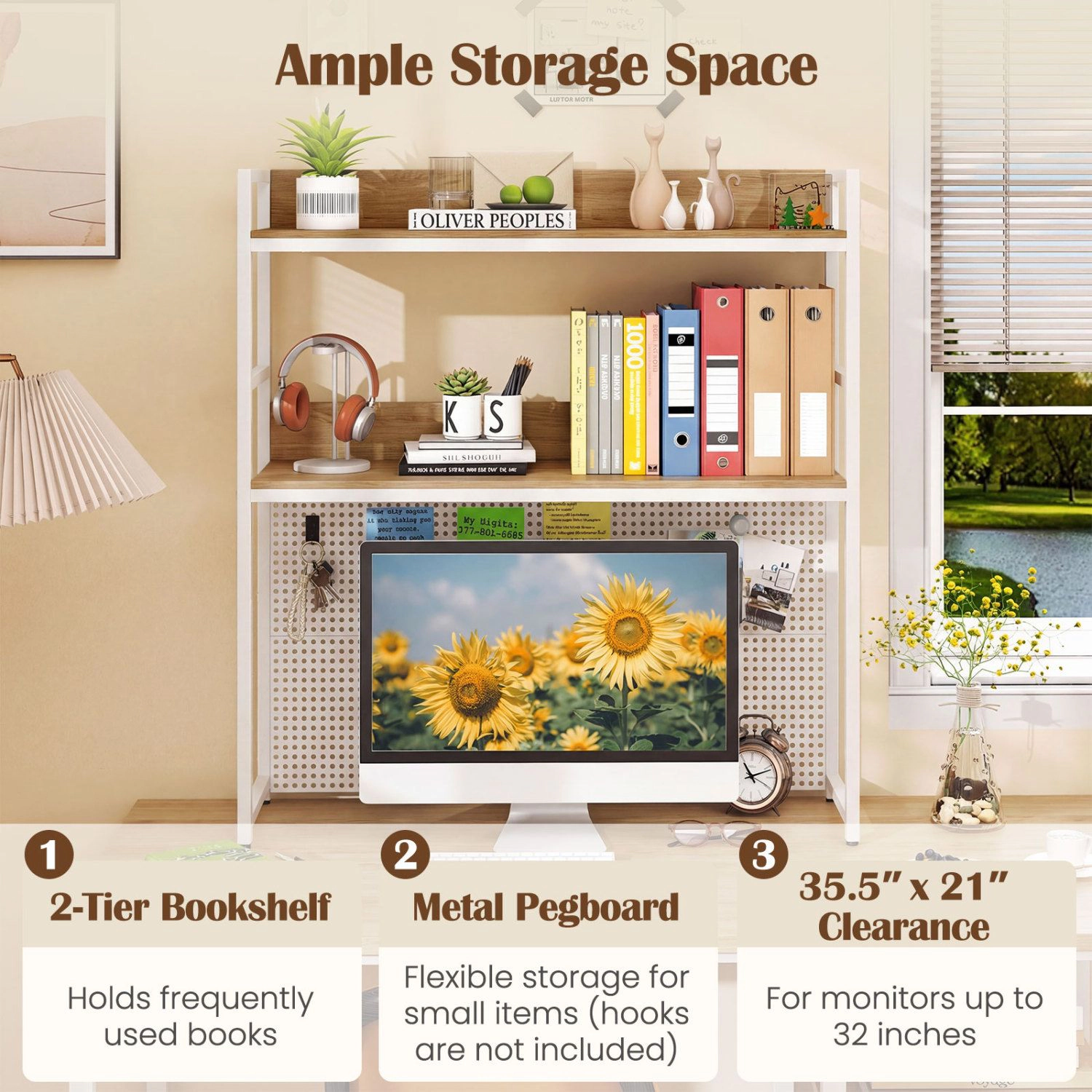 SlickBlue Desktop Bookshelf with 2-Tier Shelves and Pegboard Storage