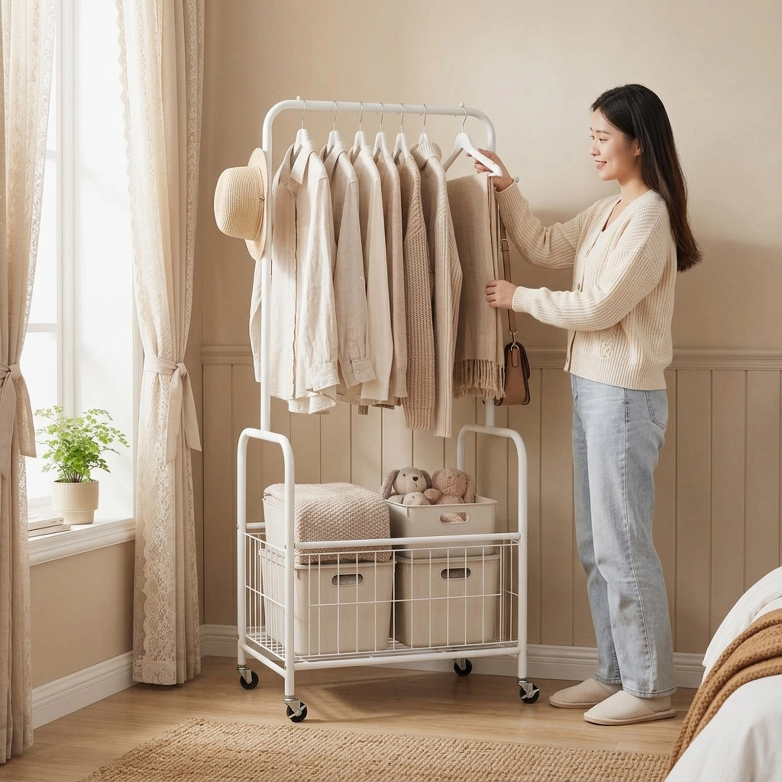 SUGIFT Rolling Metal Clothes Rack with Hanging Rod, Side Hooks and Storage Basket 110-lb Capacity White