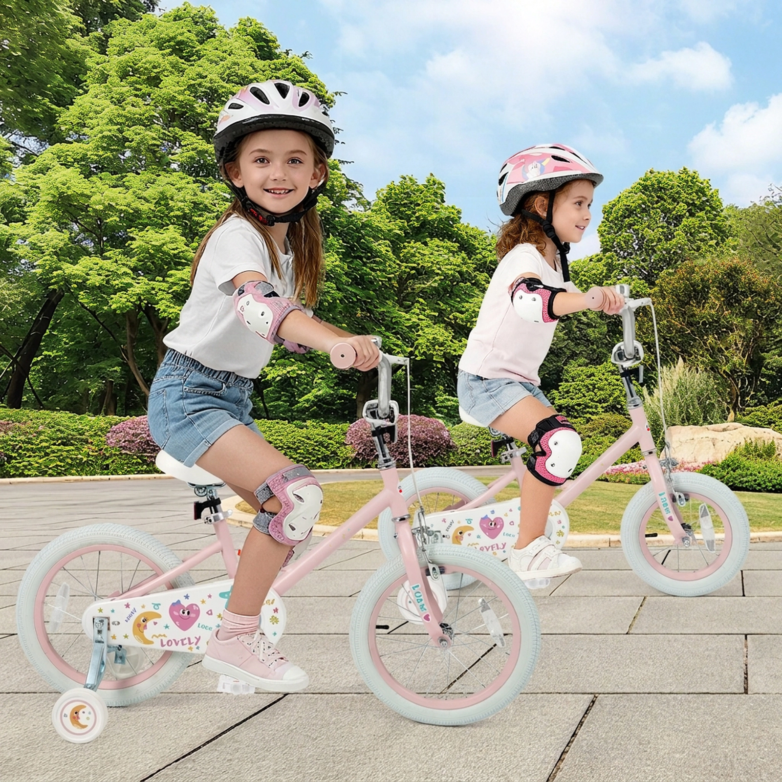 18-in Girls Bike Kickstand 2 Removable Training Wheels Dual Brake 132-lb Seat Capacity Kids Ages 4-8 Pink Stars/Moon