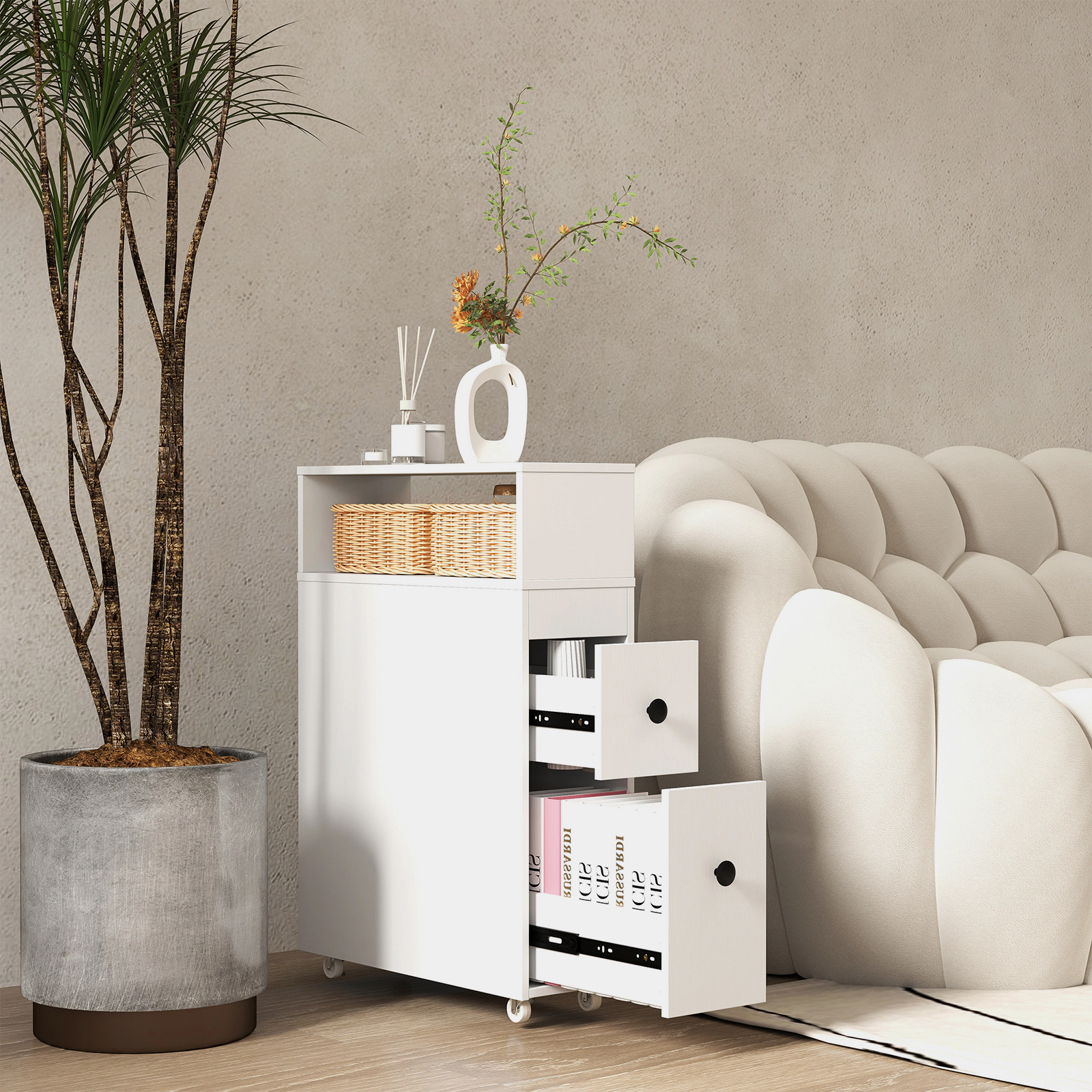 Slickblue White Narrow Bathroom Storage Cabinet with Wheels and Removable Baskets