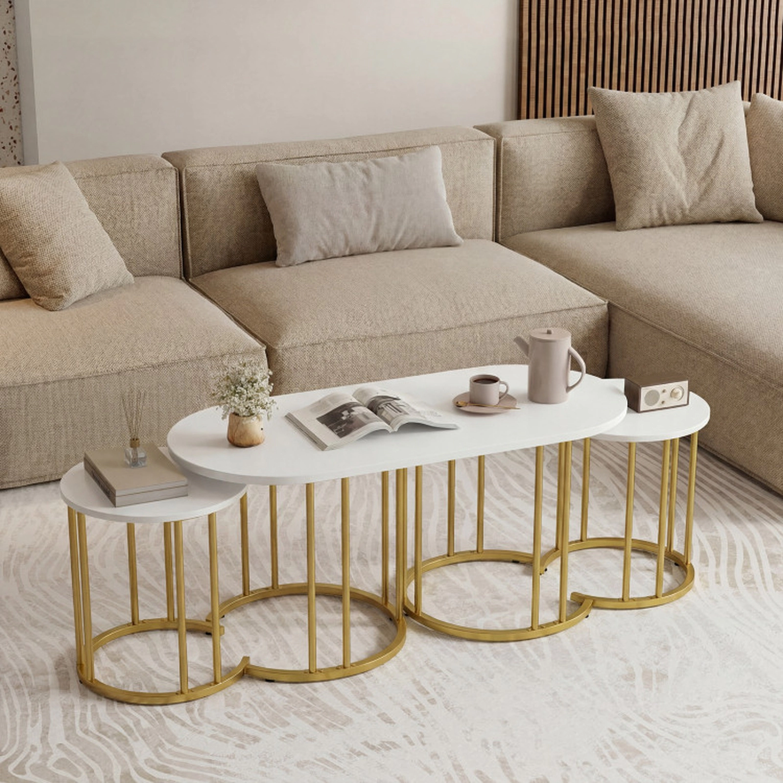 SUGIFT 3-Piece White Faux Marble Nesting Table Set, Gold Metal Frame