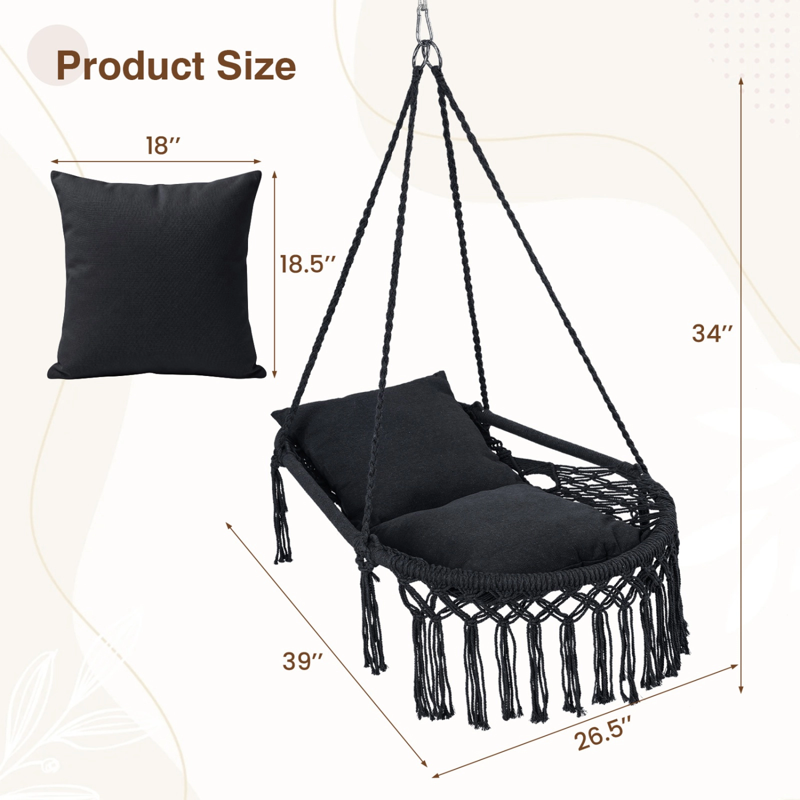 SUGIFT Black Cushioned Hanging Hammock Chair, 330-Lb Capacity, Foldable Frame, Indoor/Outdoor