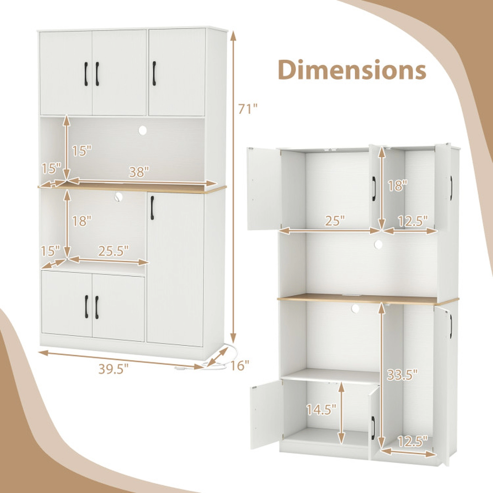 SUGIFT 71-in Tall 77-lb Countertop White Wooden Pantry Cabinet with Charging Station and Microwave Stand
