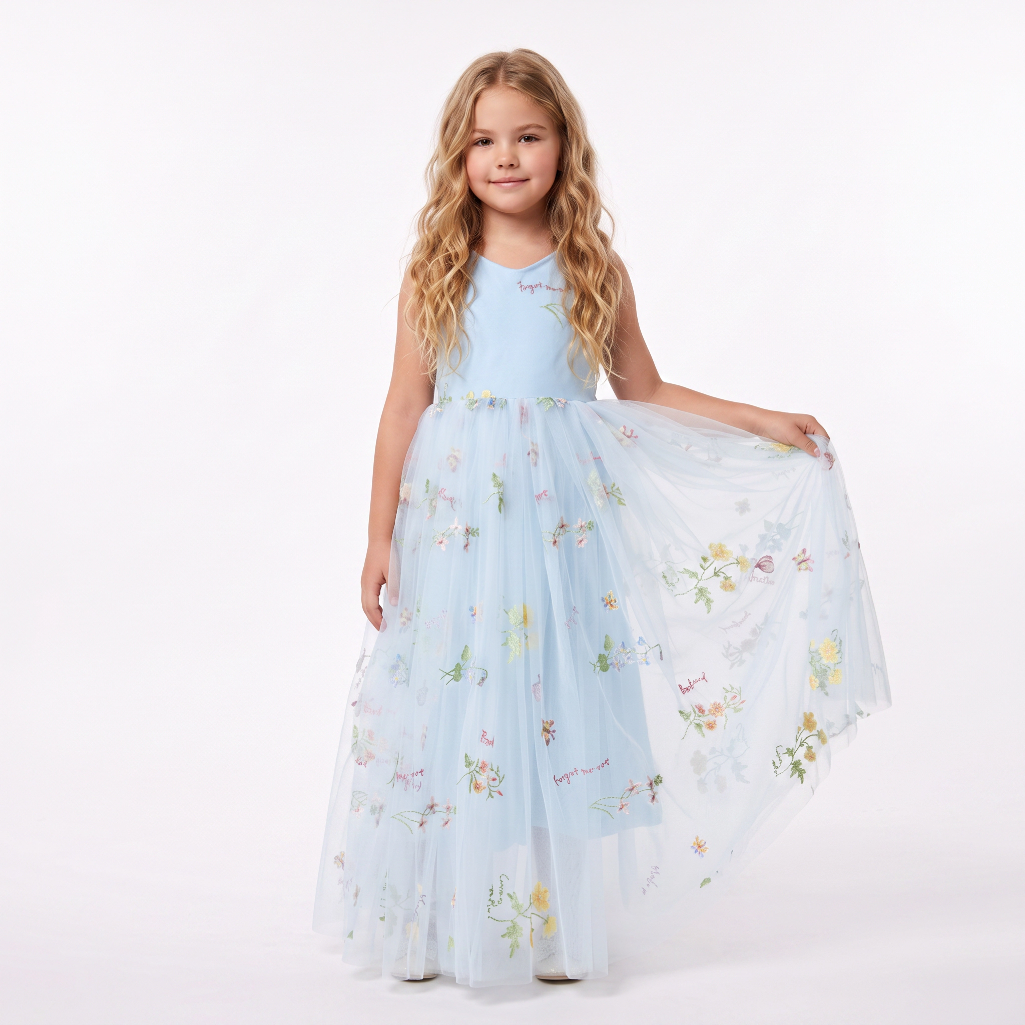 2Bunnies Girls' 12M-10Y Floral Garden Embroidered Tulle Strap Flower Girl Dress Maxi