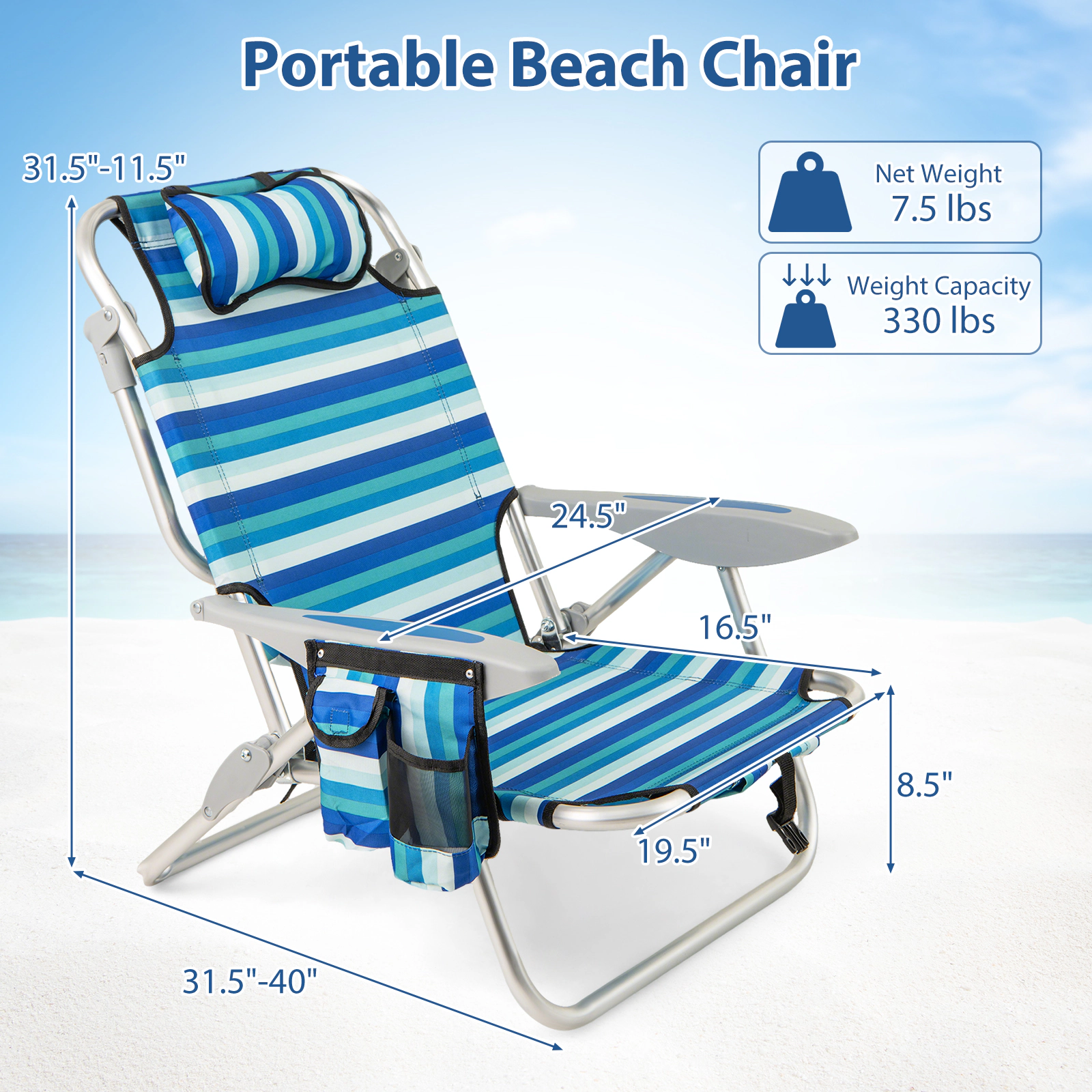 SUGIFT Set of 1 Folding Beach Chair for Adults 4-Position Adjustable Backrest 330-Lb Capacity 24.5-in Wide Seat Blue