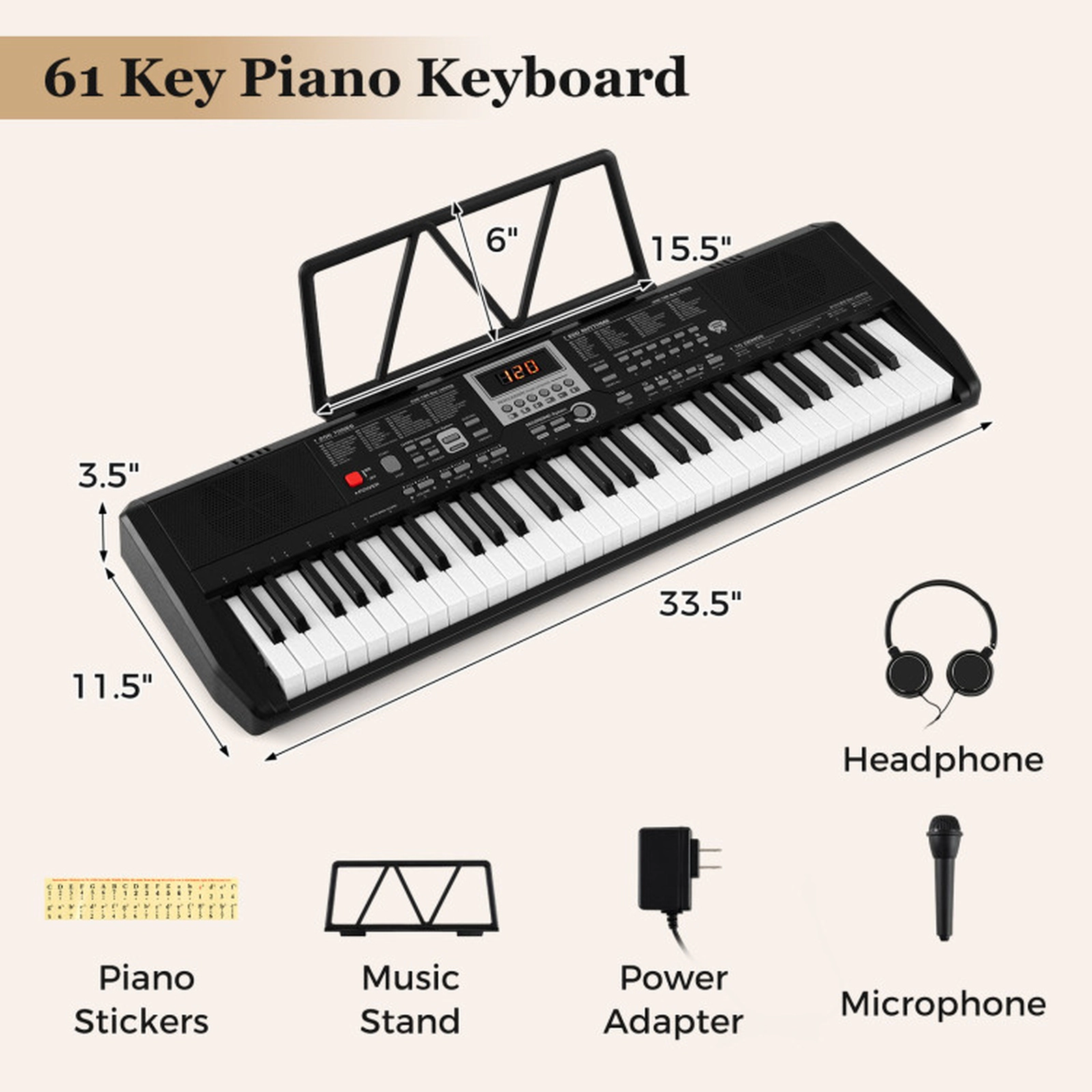 SUGIFT 61-Key Portable Keyboard for Beginners Electric Piano Keyboard Kit with Teaching Mode 33.5-in Wide Black
