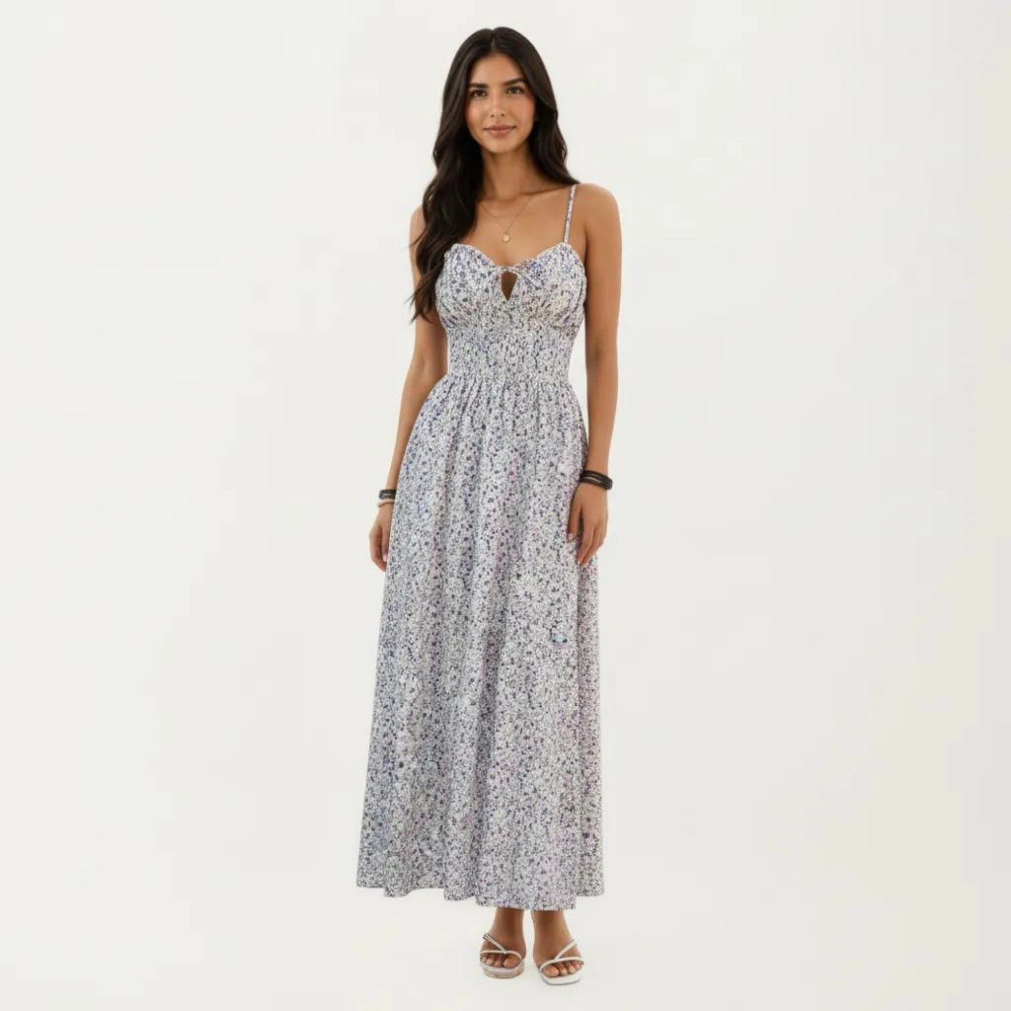 Anna-Kaci Women's Sleeveless Floral Spaghetti Straps Smocked Waist A-Line Maxi Dress