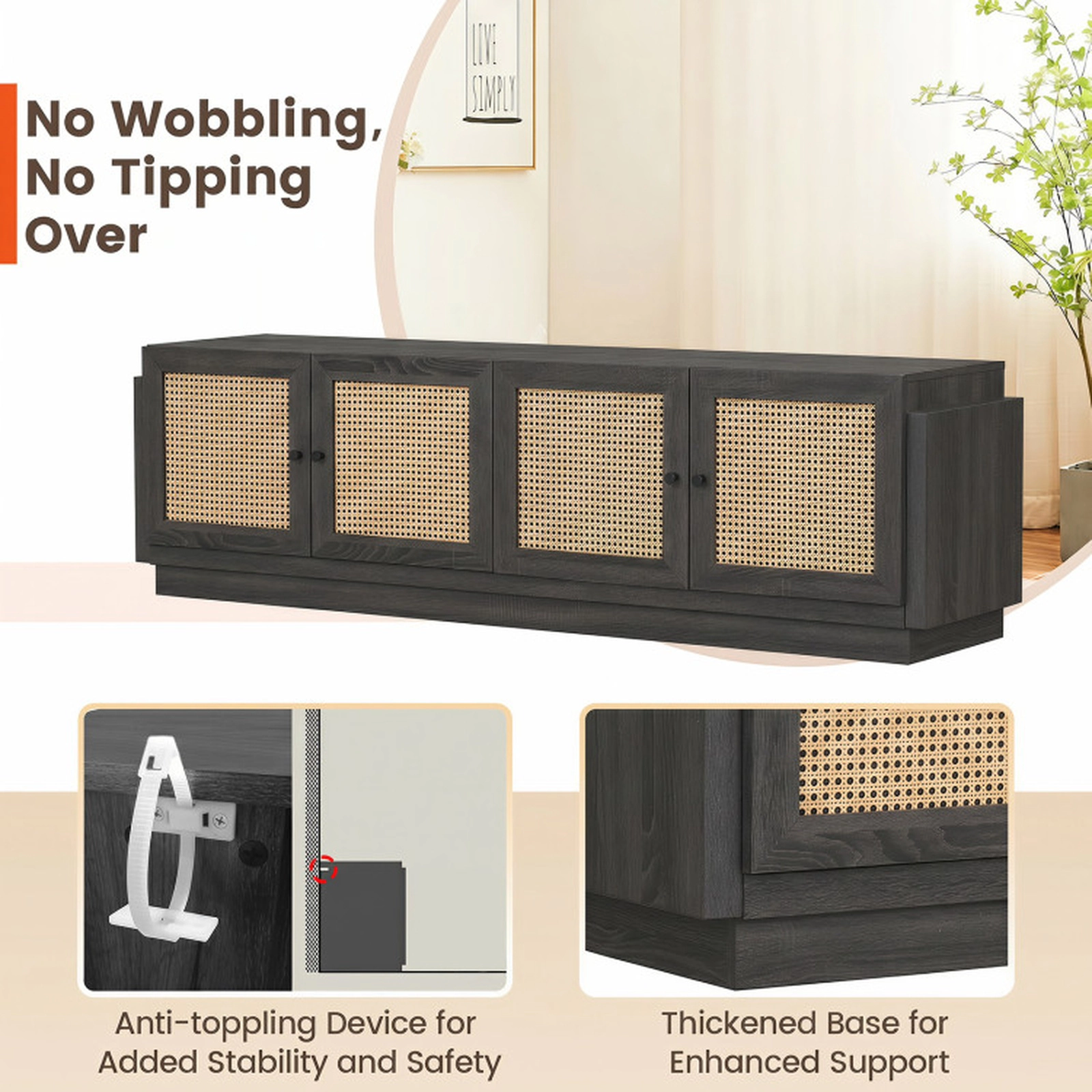 SUGIFT Farmhouse TV Stand with PE Rattan Doors and Adjustable Shelves for TVs up to 75 in 220-lb Tabletop Capacity Black