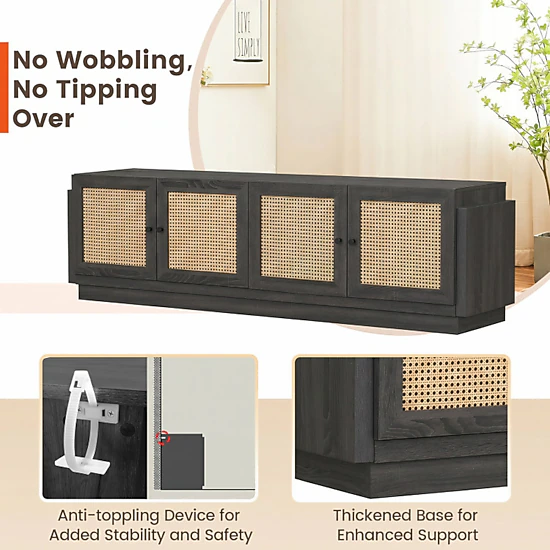 SUGIFT Farmhouse TV Stand with PE Rattan Doors and Adjustable Shelves for TVs up to 75 in 220-lb Tabletop Capacity Black