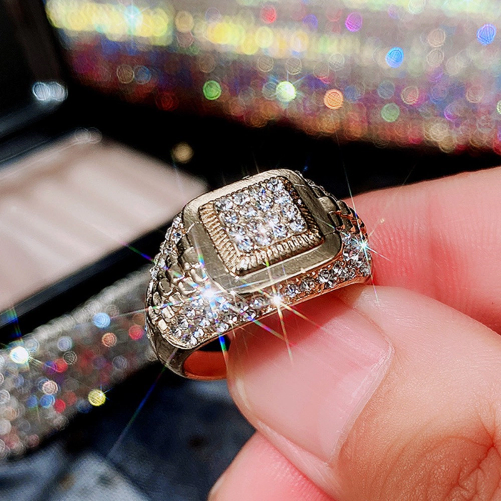Two‑Tone Iced‑Out Square CZ Ring Hip Hop Full Pave Crystal Statement Ring