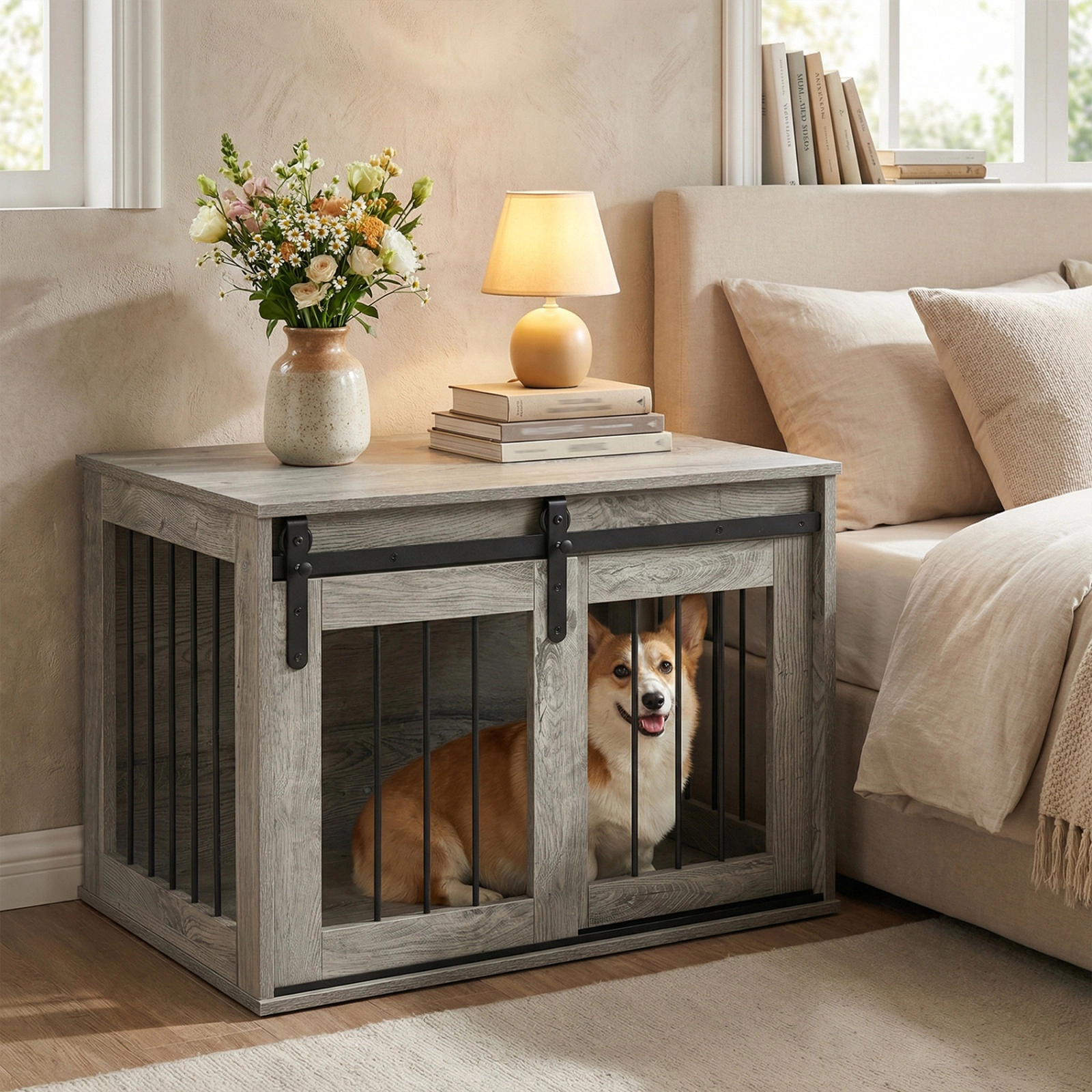 SUGIFT 31.5-in Heavy Duty Dog Crate Furniture Kennel with Sliding Barn Door and Metal Slatted Windows