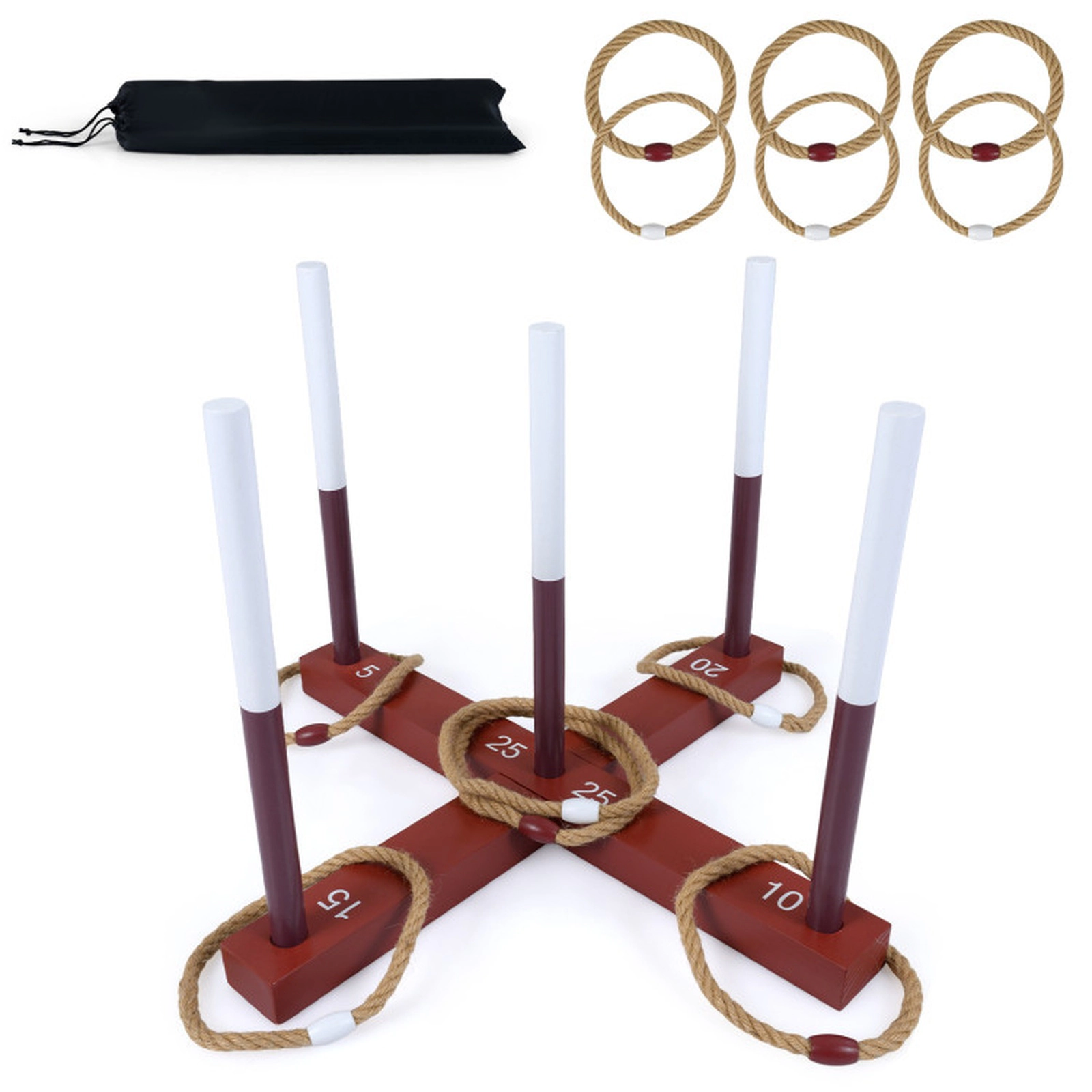 SUGIFT Brown Wooden Kids Ring Toss Game with 6 Hemp Rope Rings and Storage Bag 24-in W 16.5-in H Ages 3+