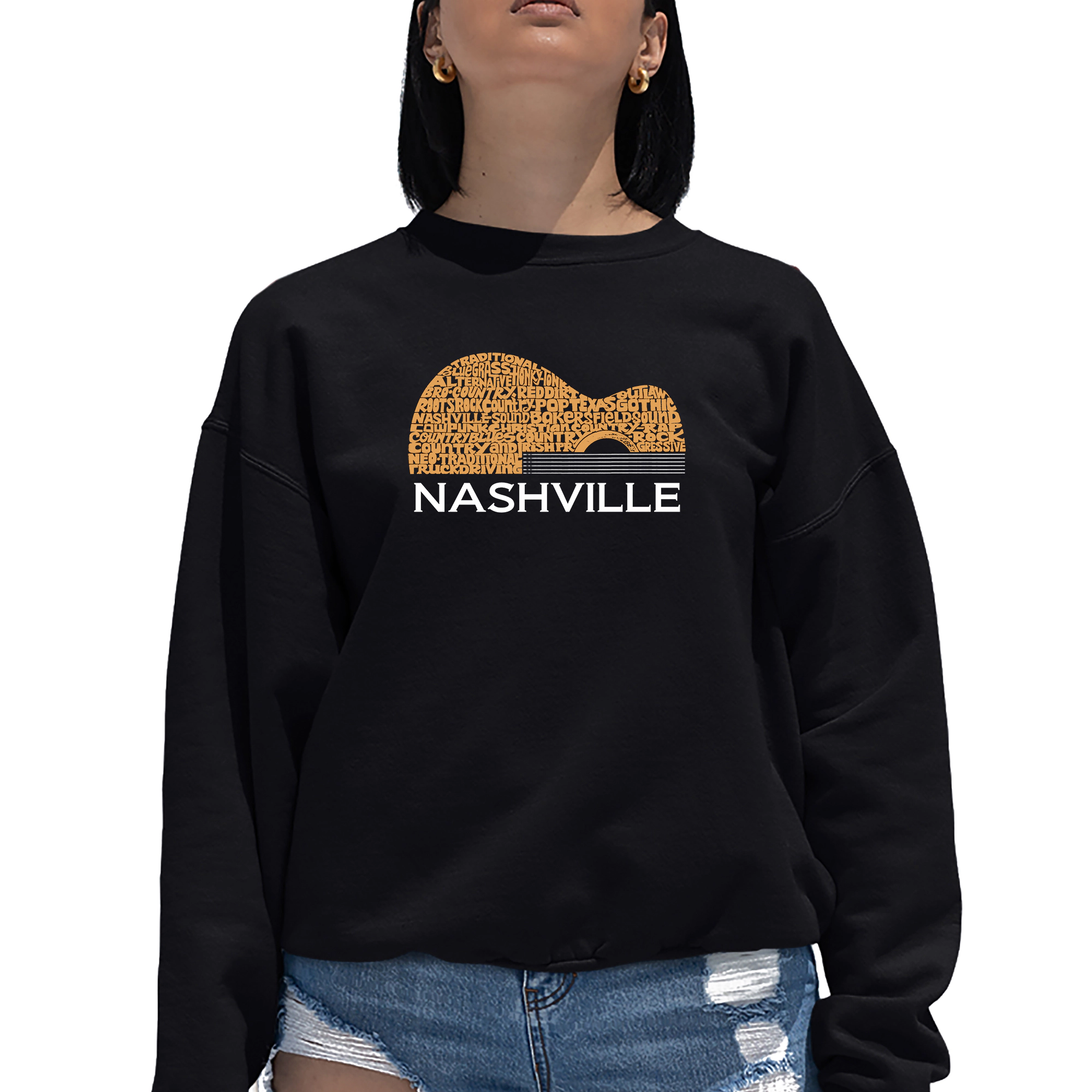 LA Pop Art Nashville Guitar - Women's Word Crewneck Sweatshirt