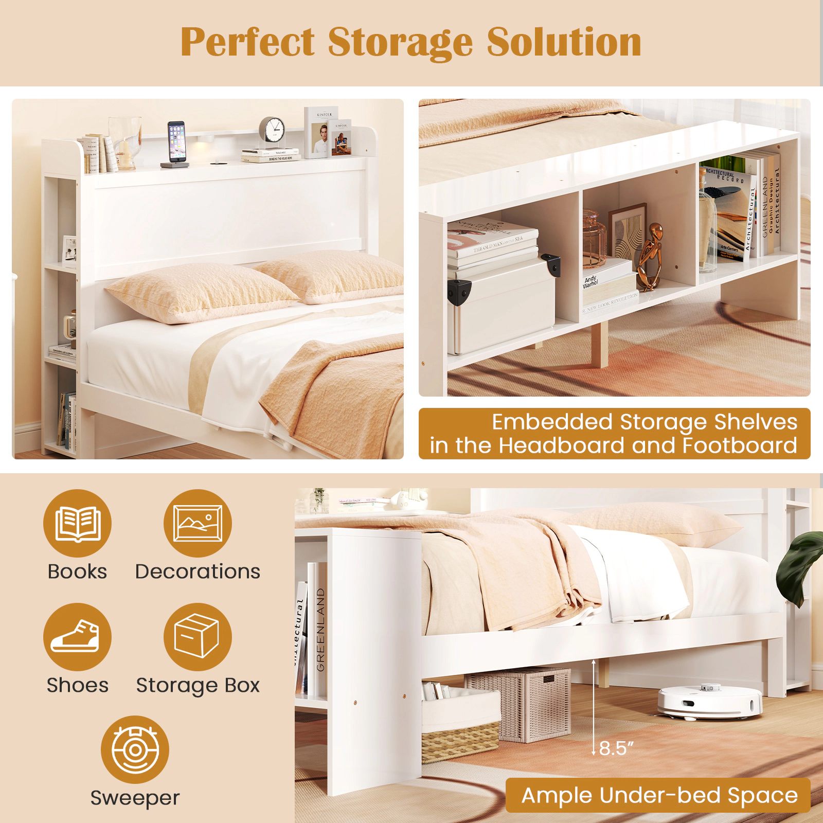 SUGIFT Full-Size Platform Bed Frame with Storage Cubes, LED Lights, USB Ports, White