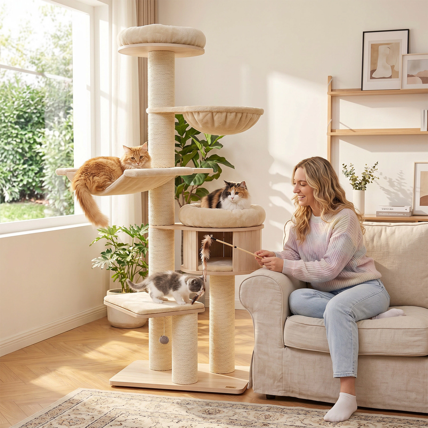 LJG 75.5" Tall Cat Tree with 7 Sisal Posts & Hanging Basket and Hammock for Indoor