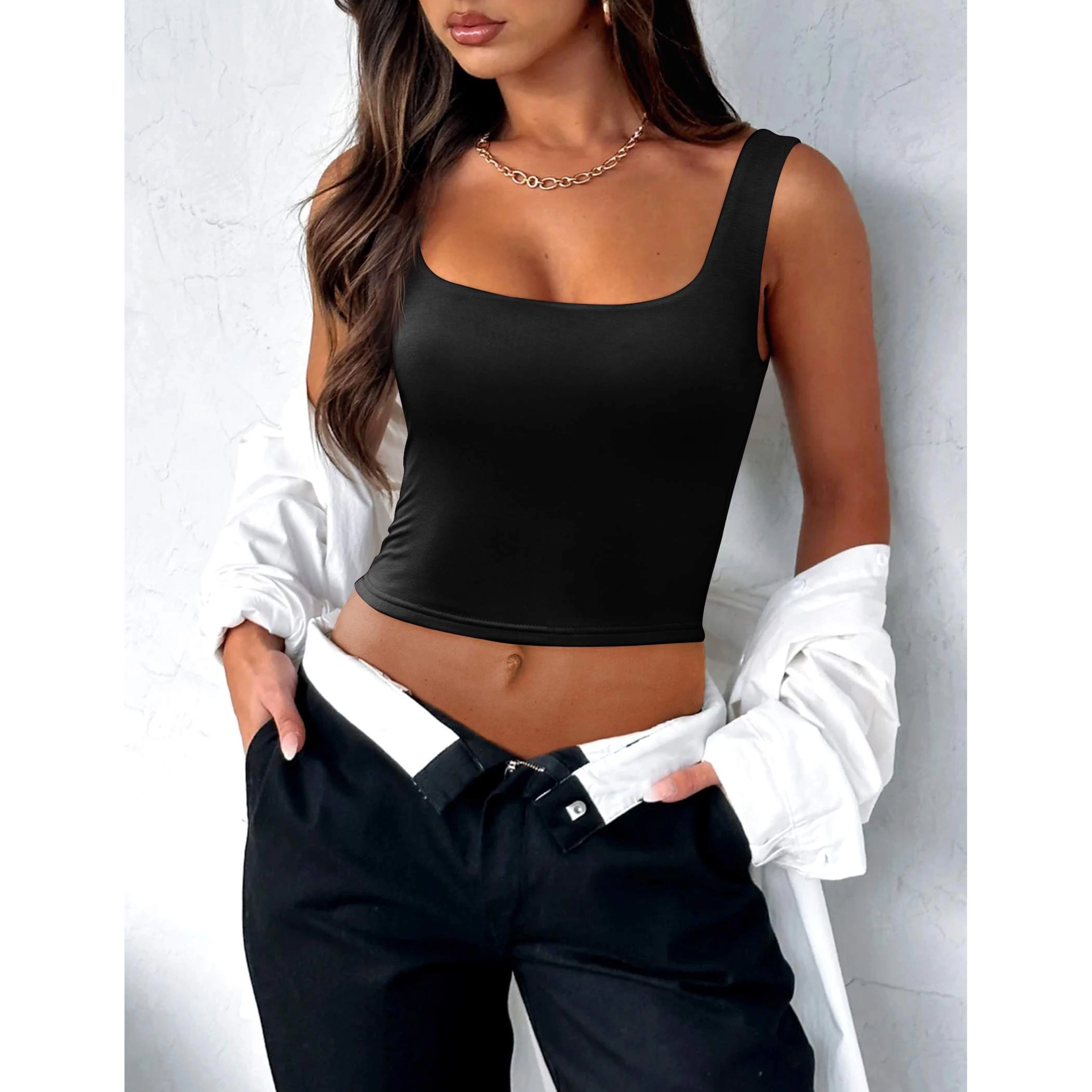 Zeagoo Women's Square Neck Double Layer Slim Fit Cropped Tank Top