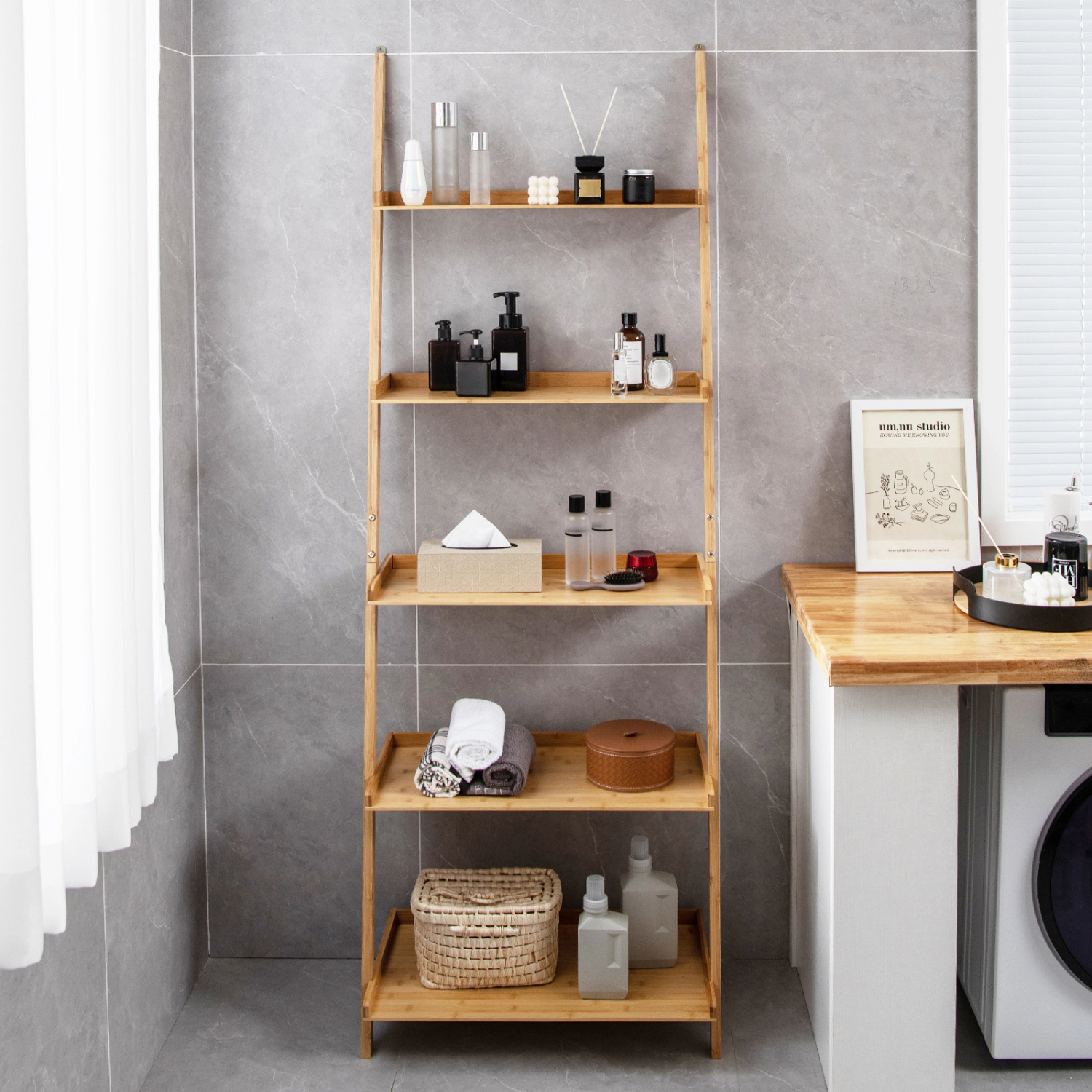 LJG 5-Tier Ladder Shelf Bamboo Bookshelf Wall-Leaning Storage Display Plant Stand