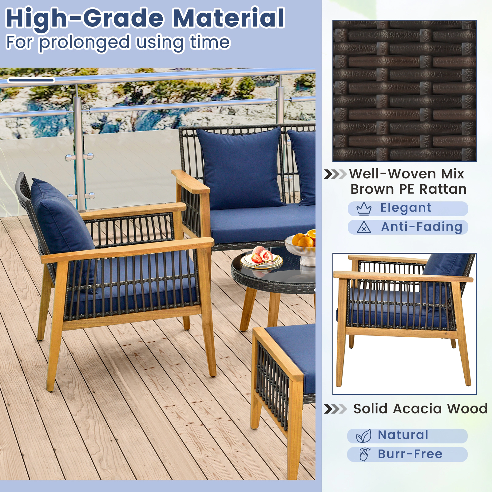 SUGIFT Navy Acacia Wood Frame Ottomans and 2 Tables 7-Piece Outdoor Conversation Set