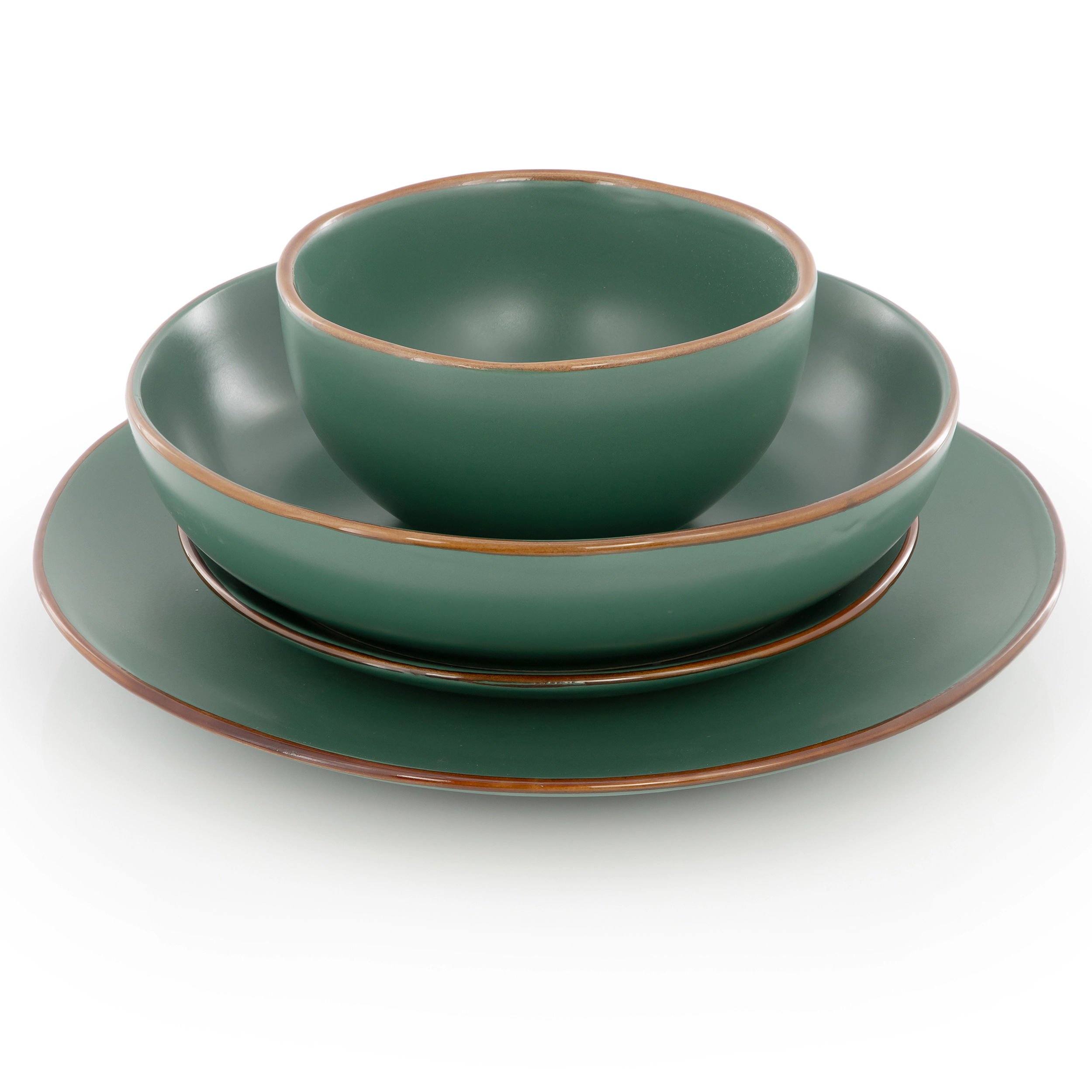 Gibson Home Hazeltine 16 Piece Stoneware Double Bowl Dinnerware Set in Matte Green