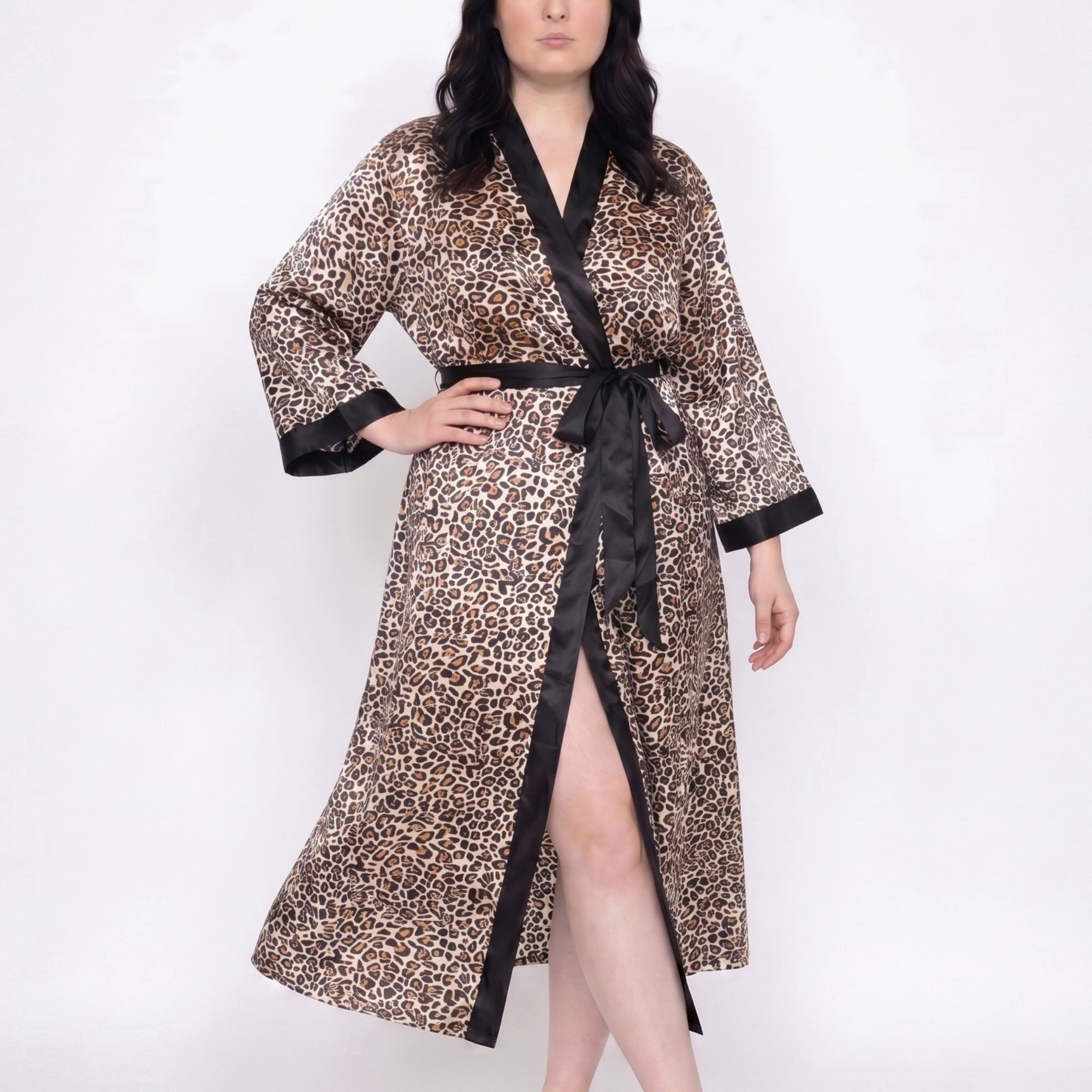 Anna-Kaci Women's Plus Leopard Print Satin-Like Wrap Robe with Long Kimono Sleeves Contrast Trim and Self Tie Waist