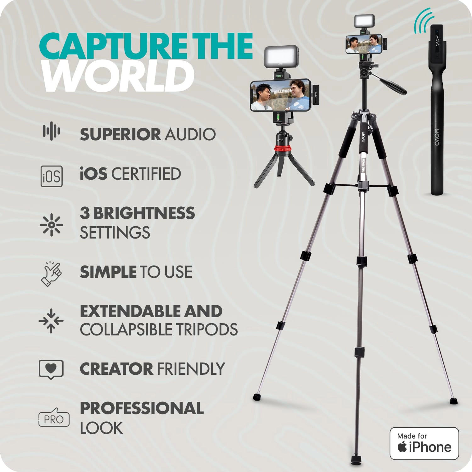 Movo iVlogger Wireless Vlogging Kit for iPhone with Dual Wireless iPhone Microphone, WMX-HM, Remote, Phone Mount, LED