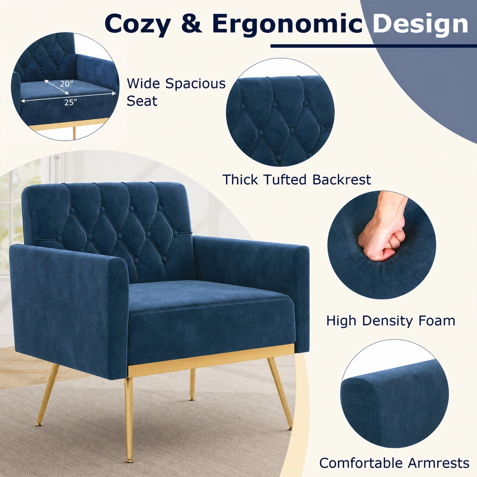 Modern Blue Velvet Accent Chair with Button-Tufted Back and Metal Legs