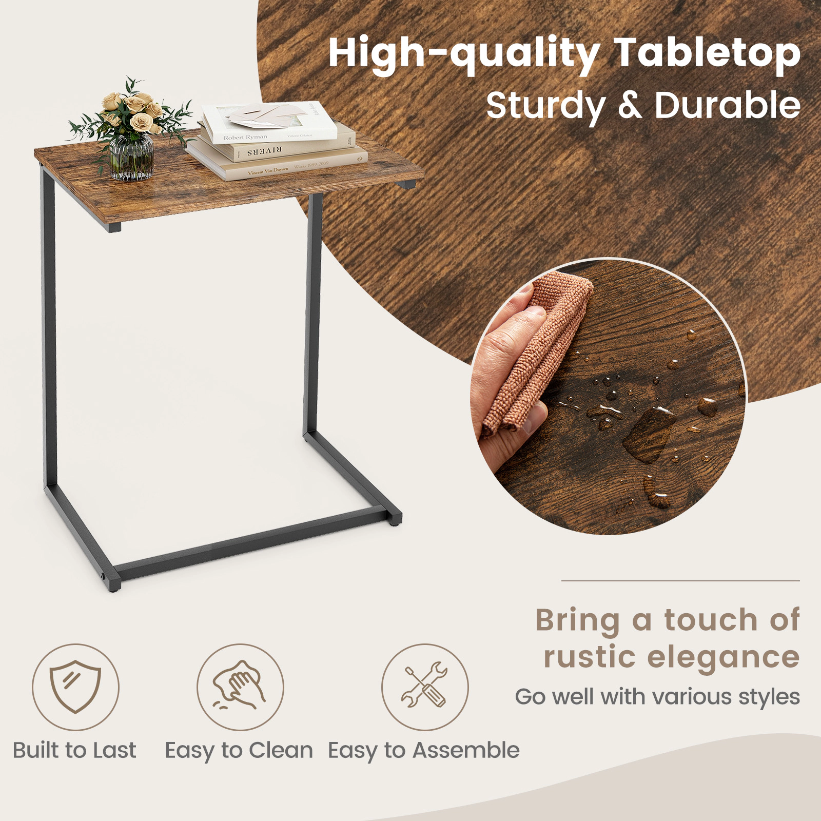 SUGIFT C-shaped Industrial End Table with Metal Frame 45-lb Capacity Rustic Brown/Black