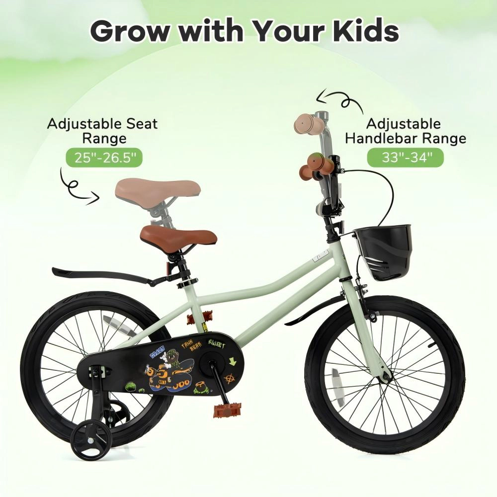 SUGIFT 18-Inch Kids Bike with Dual Brakes Training Wheels 145-lb Capacity Ages 4-8 Adjustable Seat Green