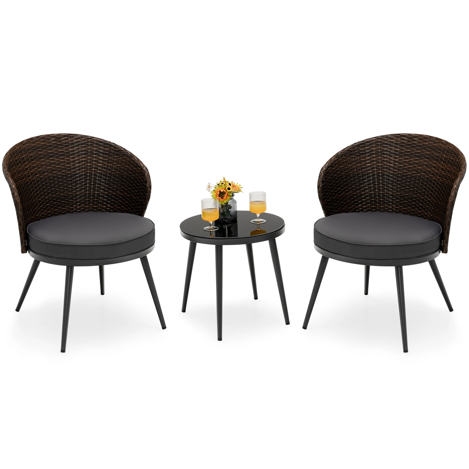 SUGIFT Patio Rattan Bistro Conversation Set with Cushions and Tempered Glass Tabletop 330-Lb Chairs Mix Brown and Gray