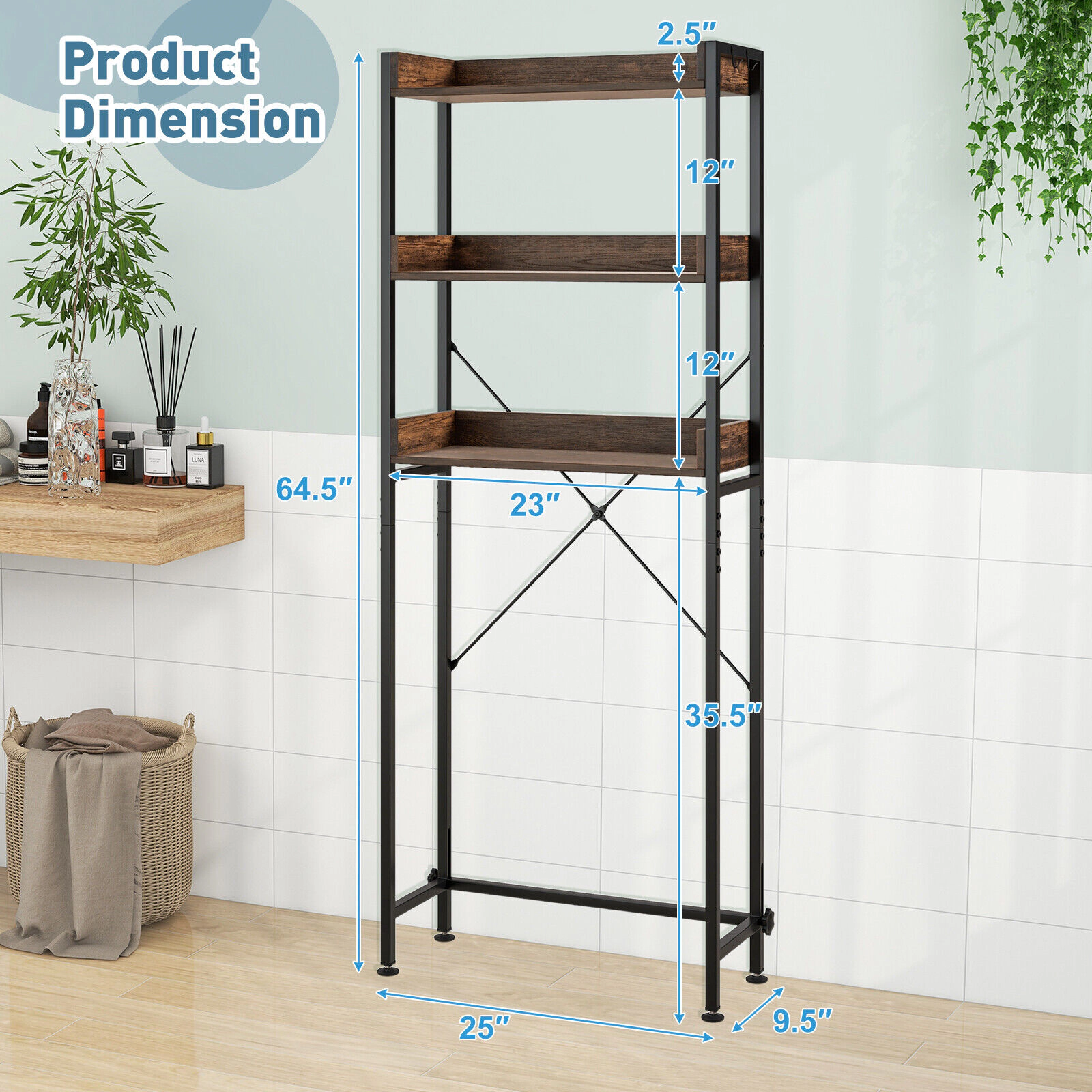 SUGIFT Rustic Brown Freestanding Over the Toilet Rack with Adjustable Bottom Bar 4 Towel Hooks and Shelves