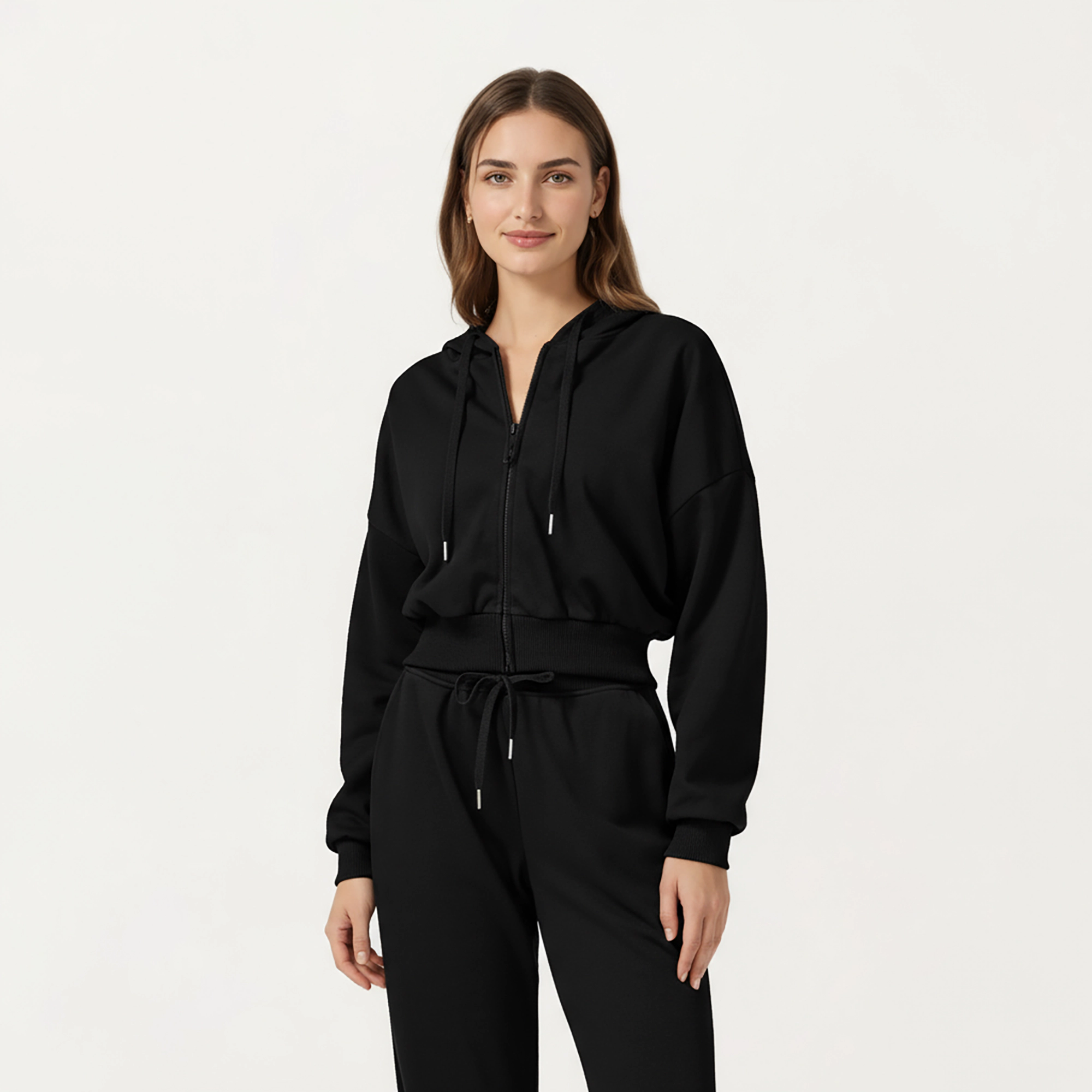 Anna-Kaci Women's Cropped Zip-Up Hoodie with Drawstring Hood and Long Sleeves