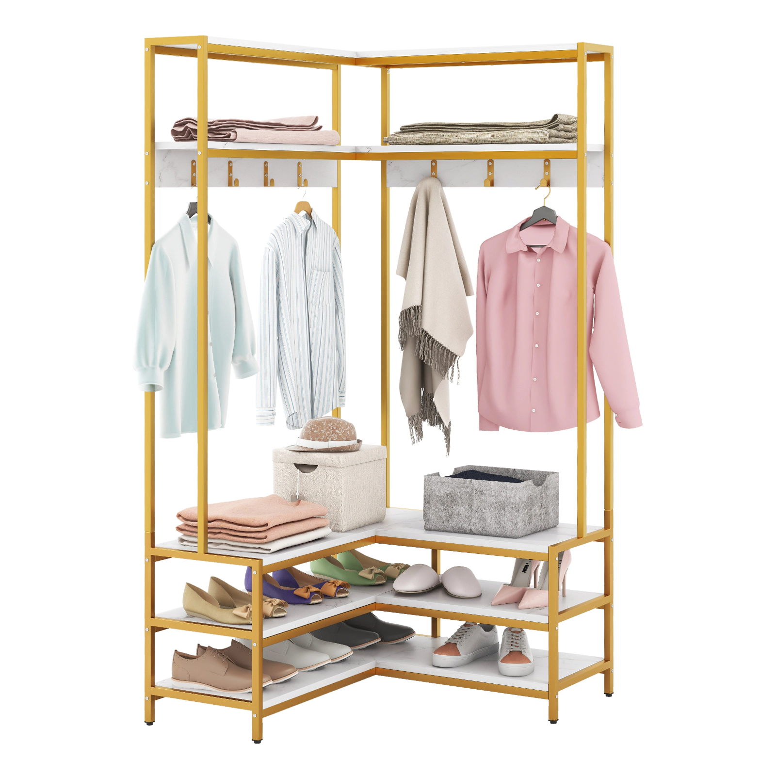 SUGIFT L-Shaped Open Shelves 7 Hooks Corner Garment Rack Shoe Bench 35.5-in x 35.5-in x 70-in 200-lb Capacity White