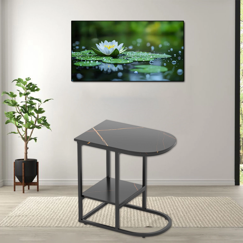 Hivvago Modern C-Frame Side Table with Imitation Marble Top and Lower Storage Shelf