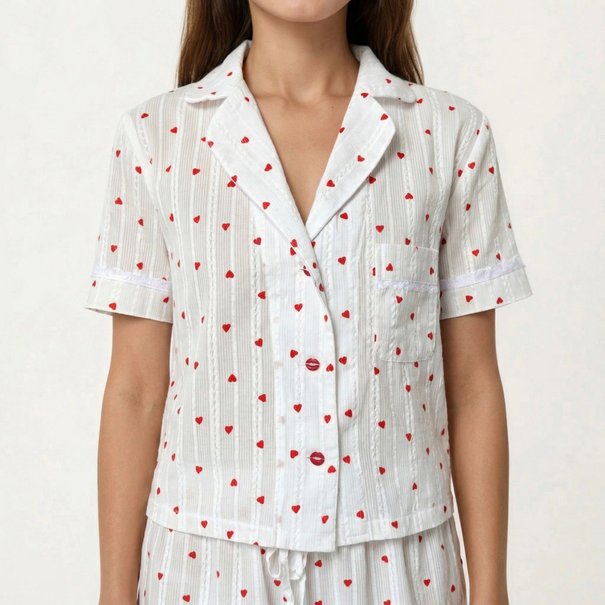 Anna-Kaci Women's 2-Piece Button Down Pajama Shirt and Shorts Short Sleeve Heart Printed Lounge Sleepwear Set