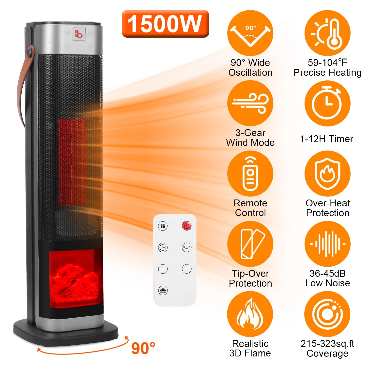 GBruno 1500W Oscillating Ceramic Tower Space Heater