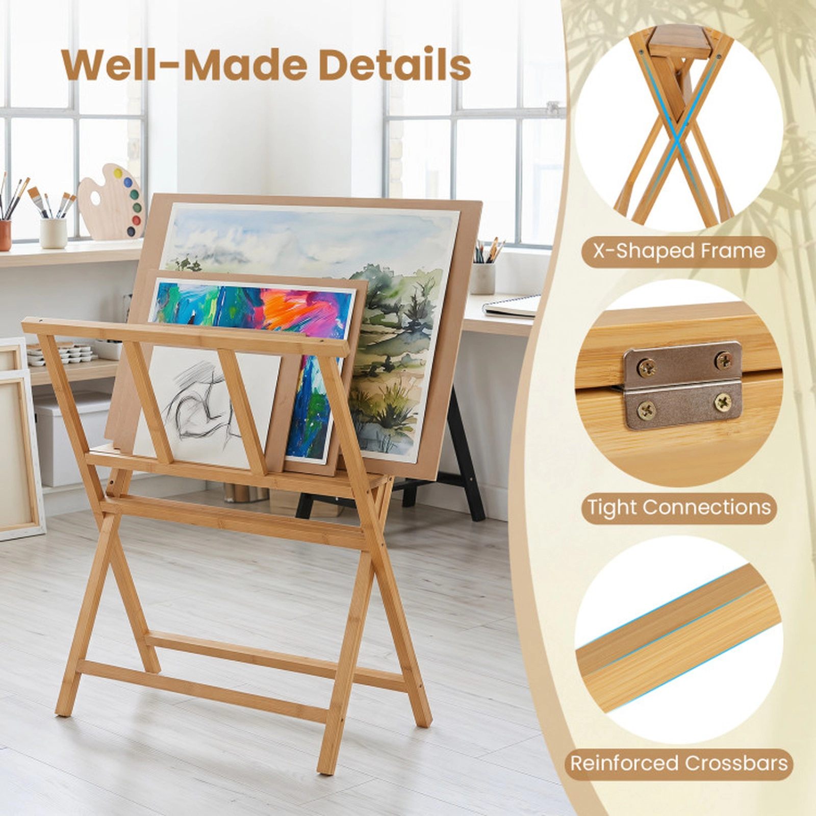 SUGIFT Natural 26 Inch Canvas Storage and Display Bamboo Art Print Rack